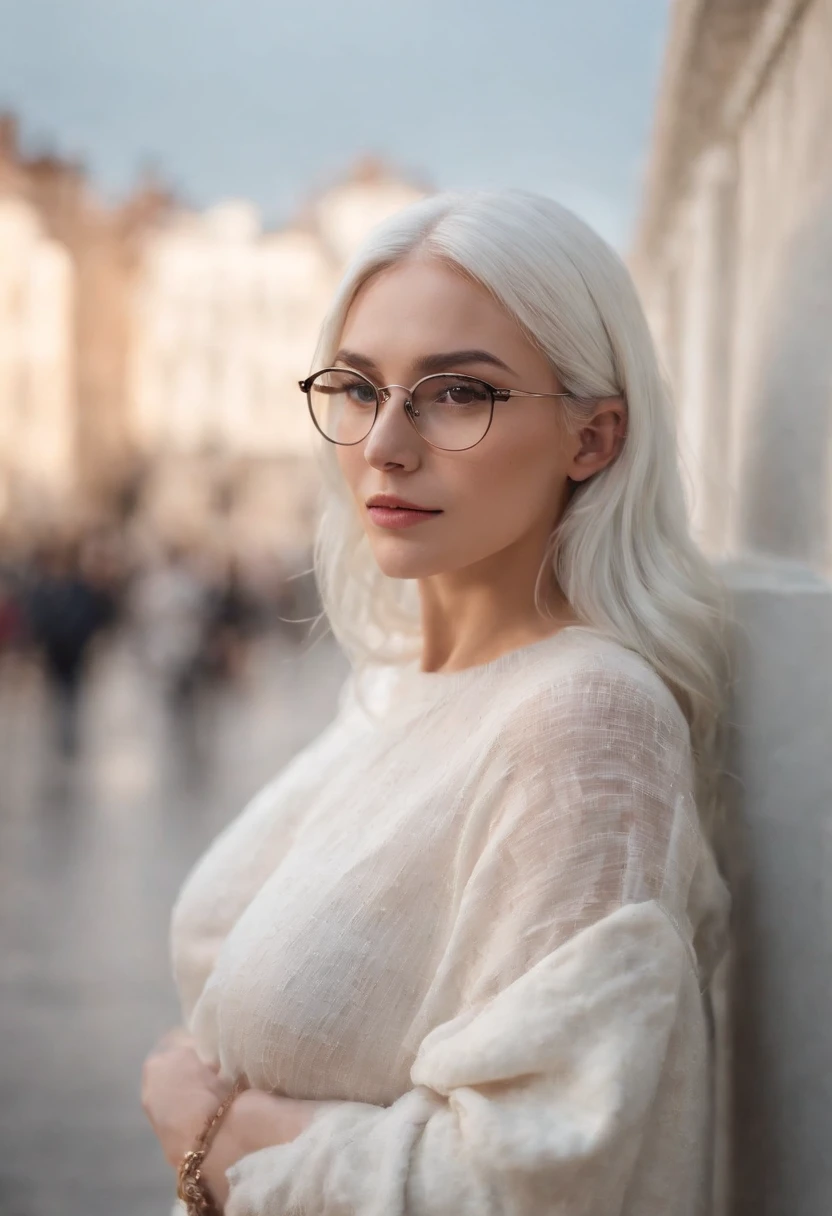 pawg, There's a woman with white hair and street clothes posing, bespectacled, sorrindo, corpo inteiro, Modelo feminina de 24 anos,  do cabelo prateado, meninaabelo branco, Posando, menina com cbranco curto, In the light of a building, it is night time, Ultra sharp focus, Filmagem realista, Women's clothing