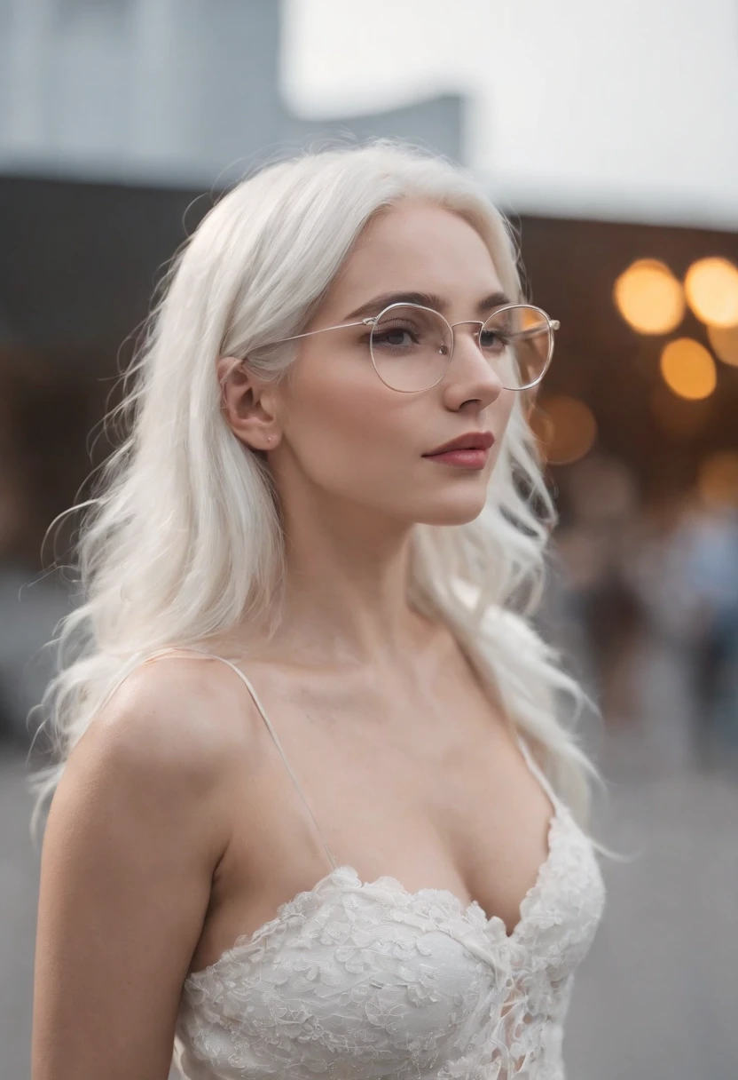 pawg, There's a woman with white hair and street clothes posing, bespectacled, sorrindo, corpo inteiro, Modelo feminina de 24 anos, menina do cabelo prateado, menina com cabelo branco, Posando, menina com cabelo branco curto, In the light of a building, it is night time, Ultra sharp focus, Filmagem realista, Women's clothing