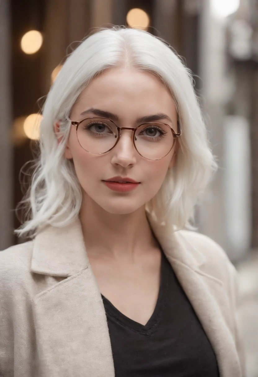 pawg, There's a woman with white hair and street clothes posing, bespectacled, sorrindo, corpo inteiro, Modelo feminina de 24 anos, menina do cabelo prateado, menina com cabelo branco, Posando, menina com cabelo branco curto, In the light of a building, it is night time, Ultra sharp focus, Filmagem realista, Women's clothing