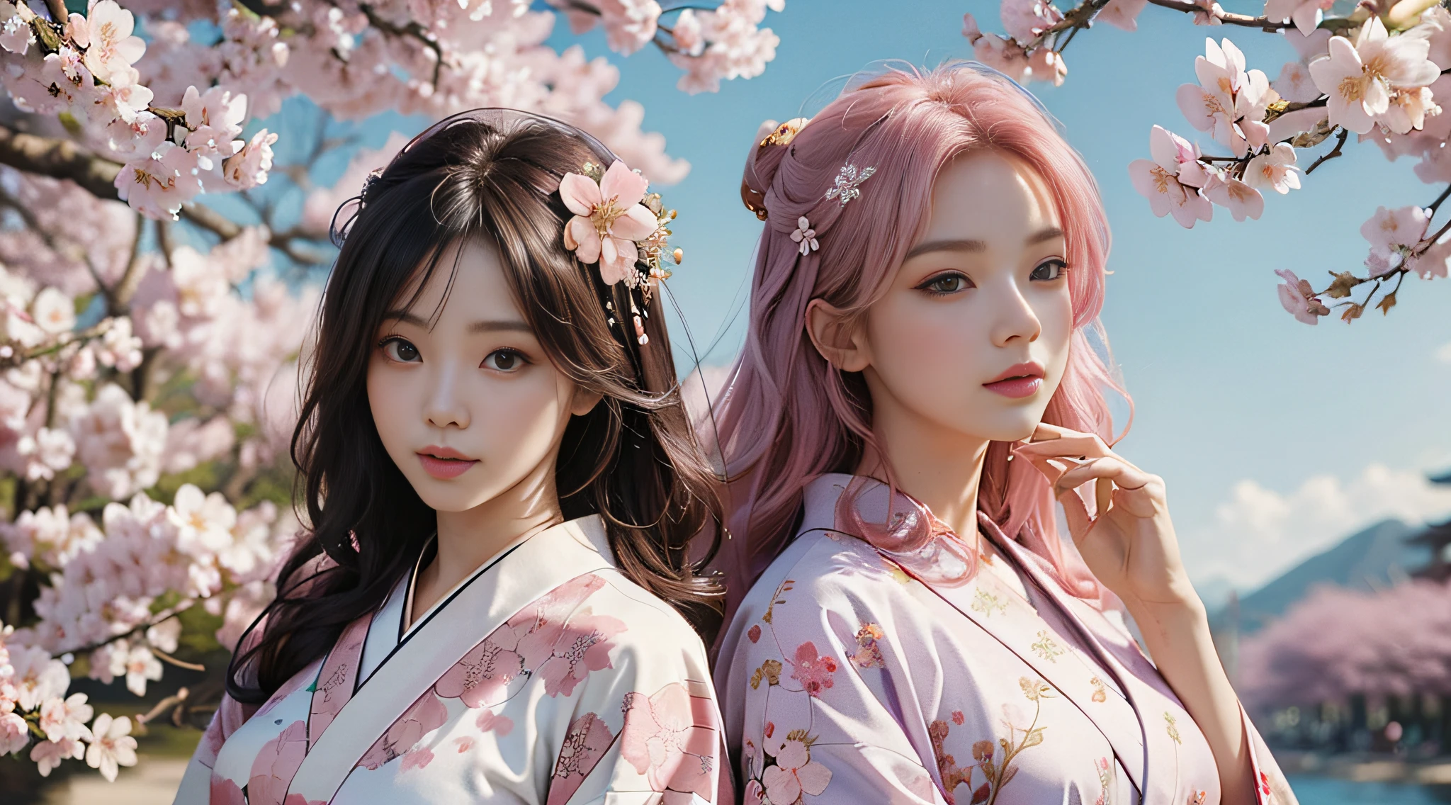 master-piece、top-quality、photo-realistic , deep depth of field 、（Sexy）、(Background of cherry blossoms in full bloom),（super beauty),Kimono with beautiful patterns）、（Night Background）、（（Wearing a skeleton helmet））,(Wear a beautiful kimono),（Wear a beautiful kimono with colorful floral patterns）,perfect breasts,sexy face,long-haired,pink hair,Beautiful breasts,