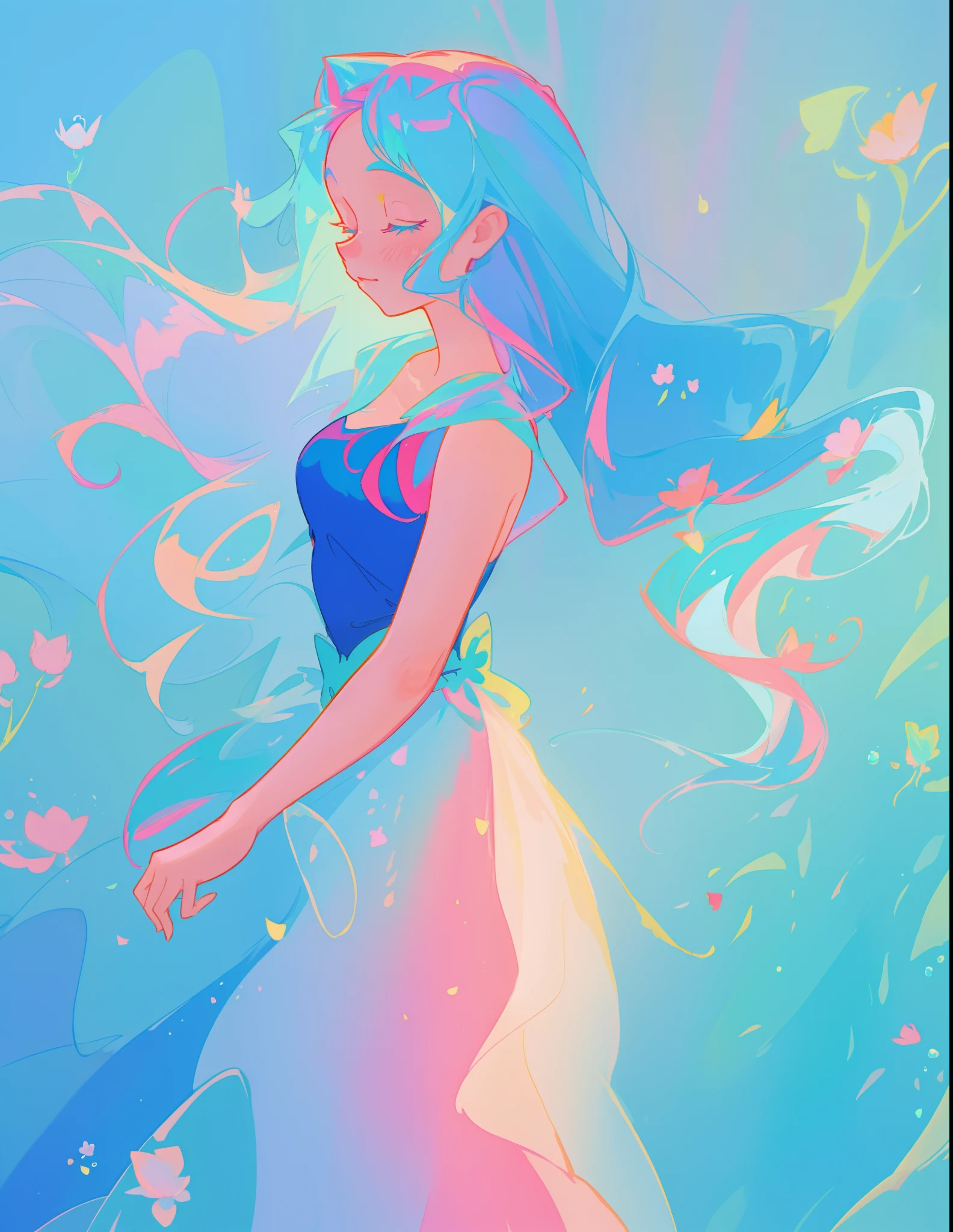 beautiful girl in colorful flowing ballgown, fairy dress, long flowing blue hair, blue aqua mint and pink colors, bubbles, watercolor illustration, inspired by Glen Keane, inspired by Lois van Baarle, disney art style, by Lois van Baarle, glowing aura around her, by Glen Keane, jen bartel, glowing lights! digital painting, flowing glowing hair, glowing flowing hair, beautiful digital illustration, fantasia otherworldly landscape plants flowers, beautiful, masterpiece, best quality, anime disney style