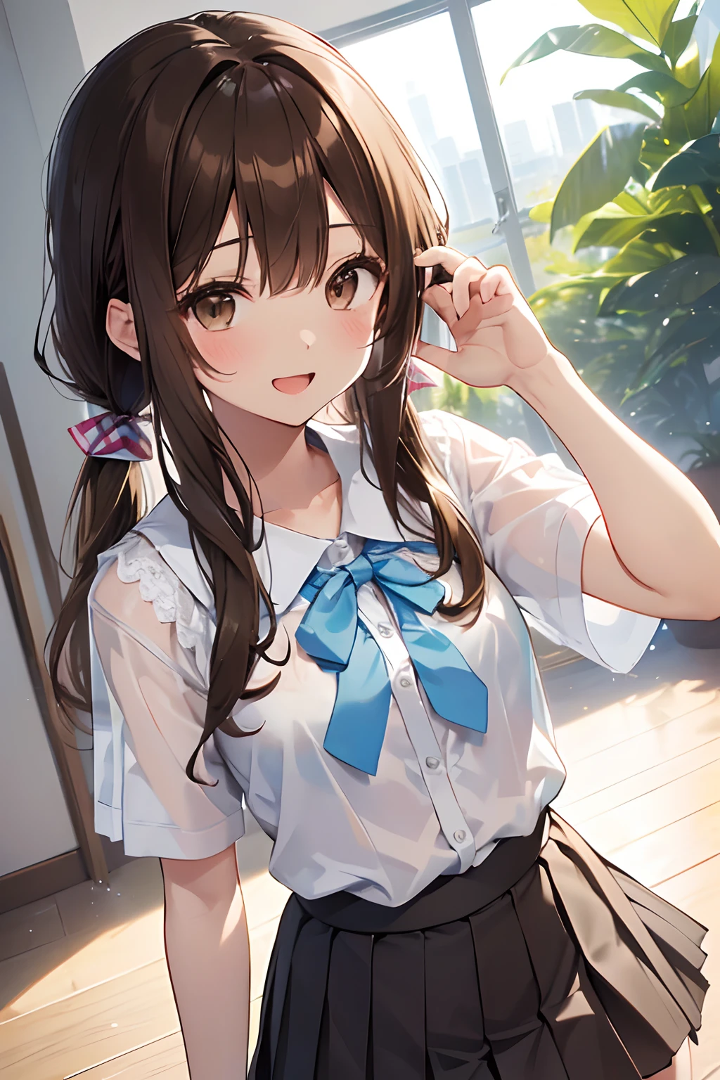 (Highest quality illustrations:1.2), (Kawaii Girl:1.1), (1girl in, 独奏:1.5), (1girl in、ars、childish、One pose、cute little、Neat and clean image、tiny chest:1.5、ultradetailed eyes:1.2)、(small tits,flat breast:1.1)、((Brown-eyed、Brown hair:1.5))、(shorth hair)、hair wavy、curlyhair、bangss、low twintails、short twintails、 (high-school uniform、summer clothing、shortsleeves、((white shirt))、Light blue ribbon、Checked pleated skirt)、evening shower、Wet with rain、see -through、The bra is a little sheer、Light blue striped bra、,The upper part of the body、huge smile、Open mouth、hi、Brown hair、shorth hair、hair wavy、low twintails、BREAK(top-quality、ultra-detailliert、highly detailed and beautiful、超A high resolution、Detailed arm:1.2)、a closeup、bustup, Wink(