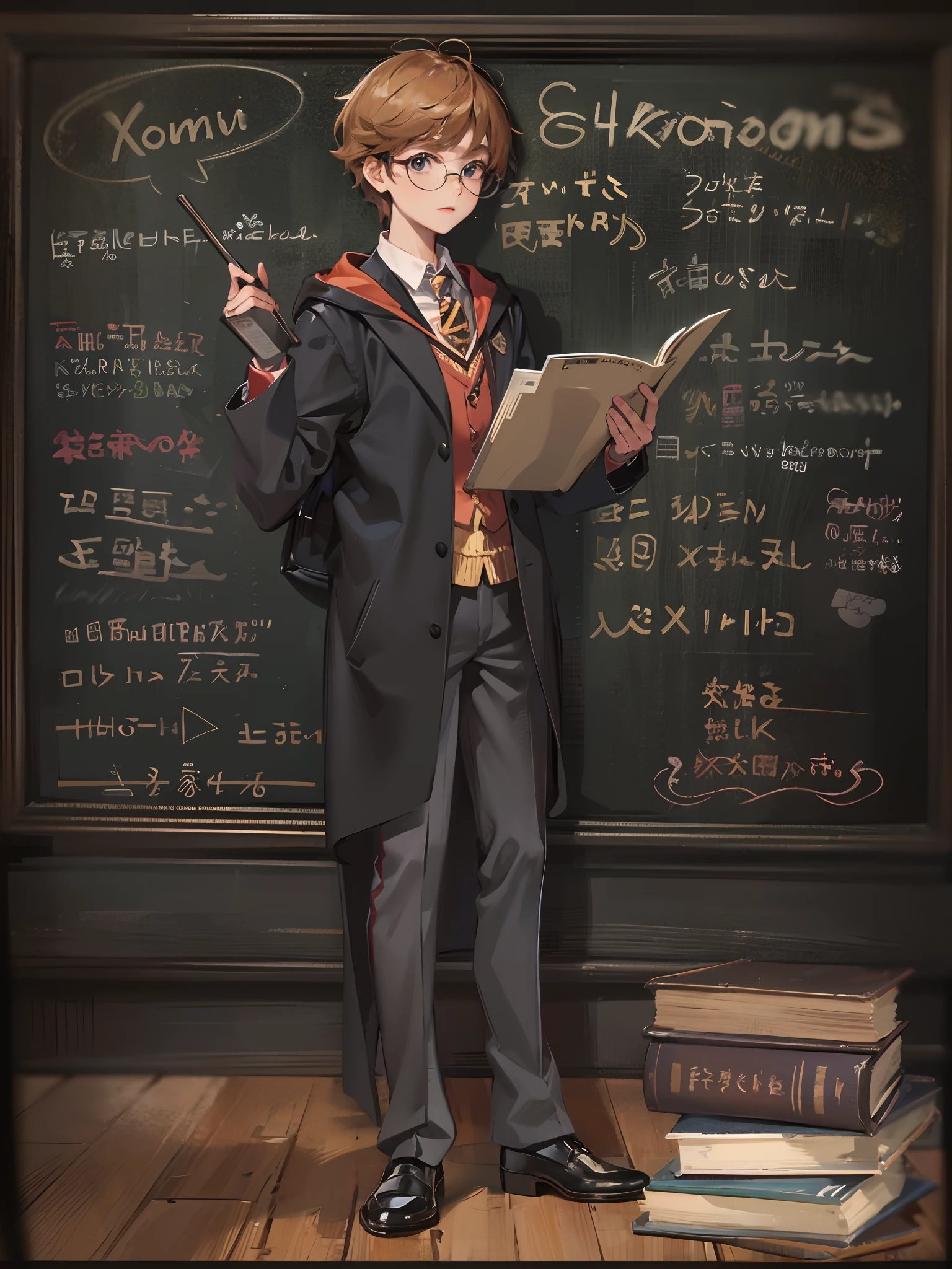 Harry potter theme showing a Young male teacher, Dress neatly, Professional clothing, Well organized impression, youthfulenergy, Smooth skin, Bright eyes, Gentle and confident expression, Straight waist, Tall and confident, An air of tenacity and determination, Determined gaze, ssmile, Passion and dedication,Chalk in your hand,blackboards,A group of students sat under the classroom podium,tmasterpiece,Best quality at best,4K,8K,high qulity,A high resolution