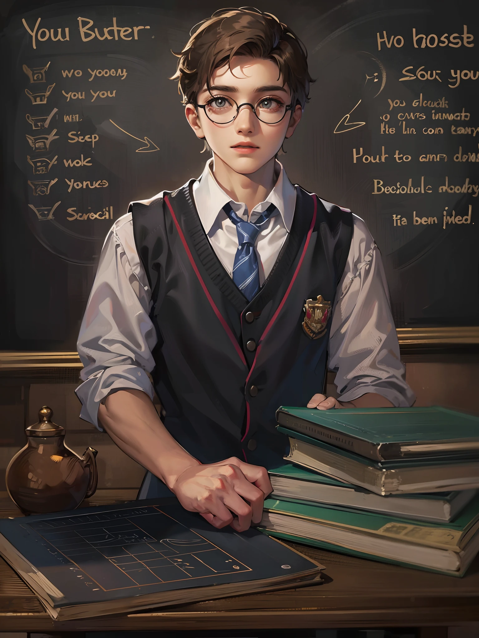 Harry potter theme showing a Young male teacher, Dress neatly, Professional clothing, Well organized impression, youthfulenergy, Smooth skin, Bright eyes, Gentle and confident expression, Straight waist, Tall and confident, An air of tenacity and determination, Determined gaze, ssmile, Passion and dedication,Chalk in your hand,blackboards,A group of students sat under the classroom podium,tmasterpiece,Best quality at best,4K,8K,high qulity,A high resolution
