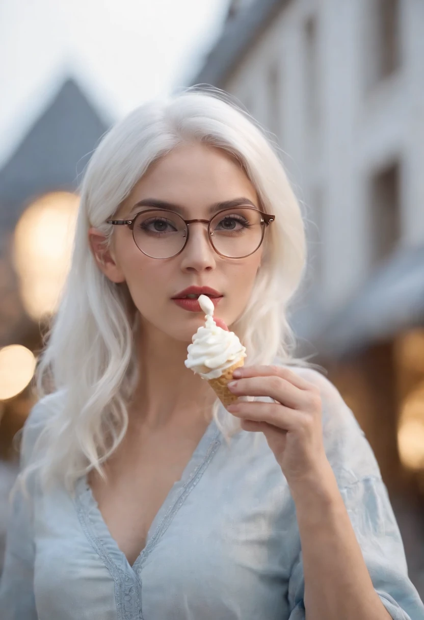 There's a woman with white hair and street clothes posing eating ice cream, bespectacled, sorrindo, corpo inteiro, Modelo feminina de 24 anos, menina do cabelo prateado, menina com cabelo branco, Posando, menina com cabelo branco curto, In the light of a building, it is night time, Ultra sharp focus, Filmagem realista, Women's clothing