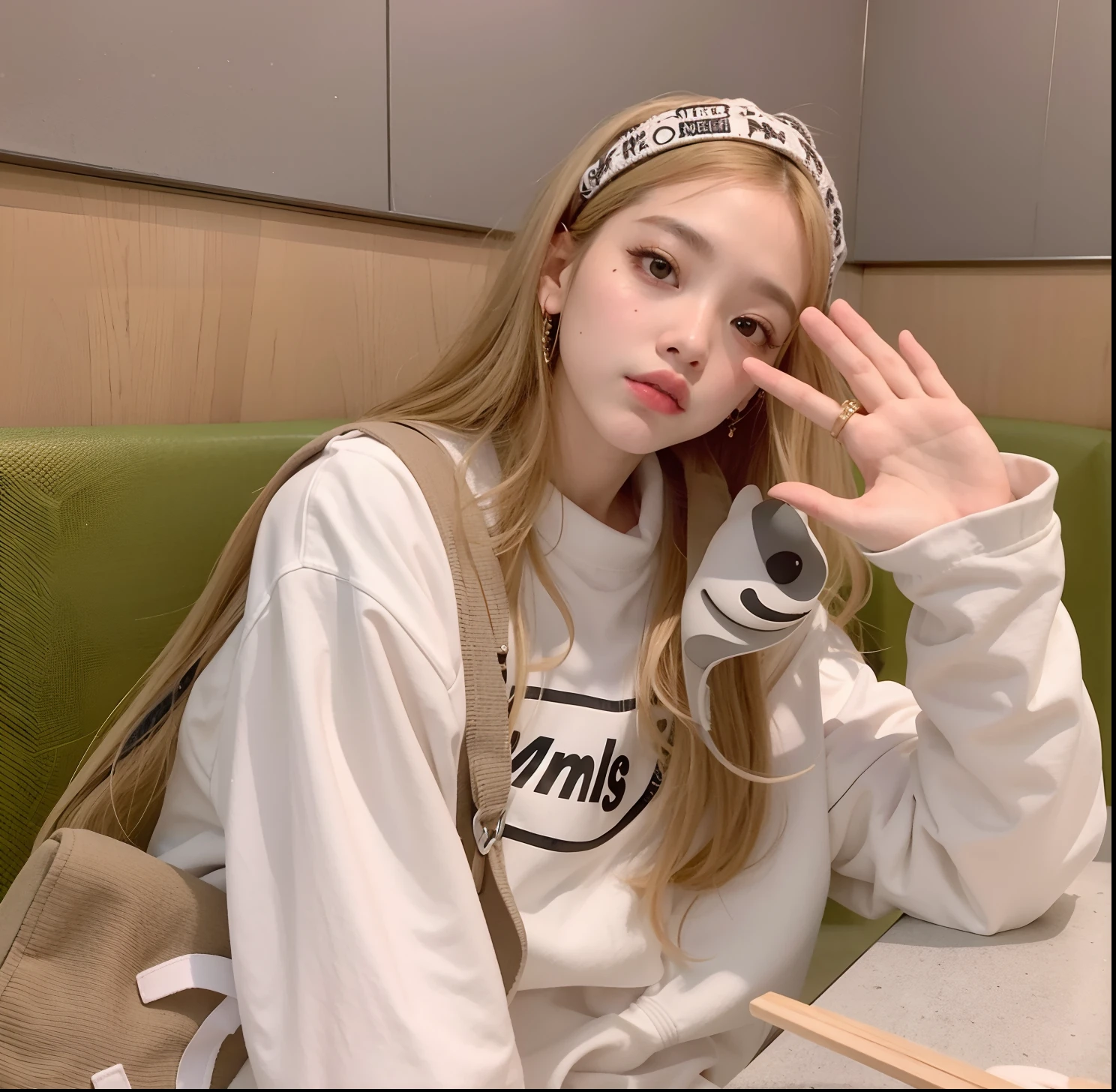 araffe sentada em uma mesa com pauzinhos e um saco, Ulzzang, Kim Doyoung, roupas brancas da moda, Parque Roseanne do Blackpink, Jinyoung Canela, jossi do blackpink, she is wearing streetwear, meninando capuz, jennie blackpink, tzuyu de duas vezes, Lalisa Manoban do Blackpink, streetwear casual bonito, menina corea
