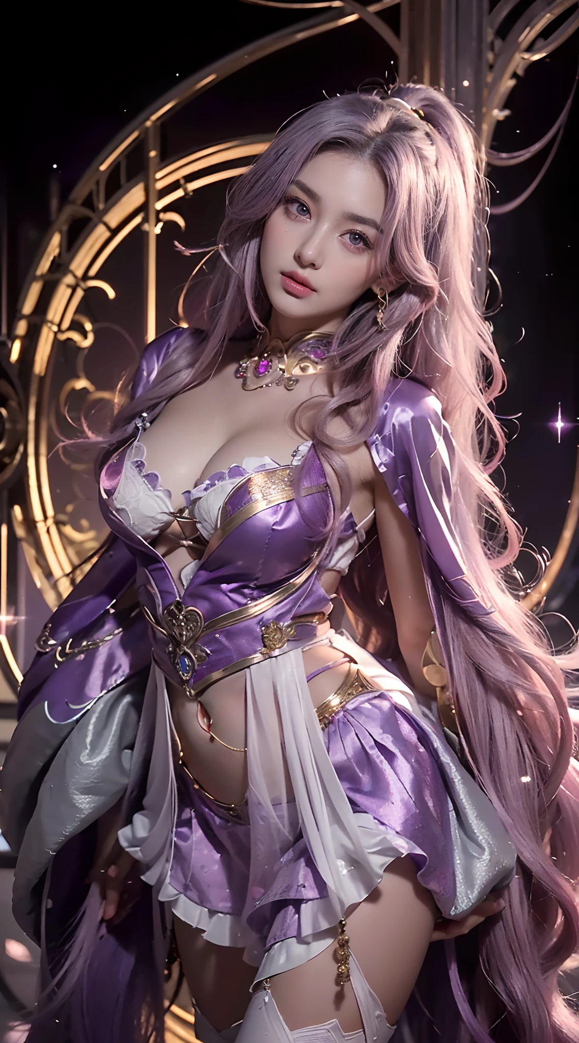 (Numerous award-winning masterpieces, with incredible details), ((Extremely beautifull face)), (extremely detailed realistic face features), (beutiful eyes), ((finely detailed true circle Symmetrical grey purple eyes)), (She has a meloncholic face), (A majestic sight), very long pink colored hair that faids to purple, wears a little stars earrings made of gold and lapys