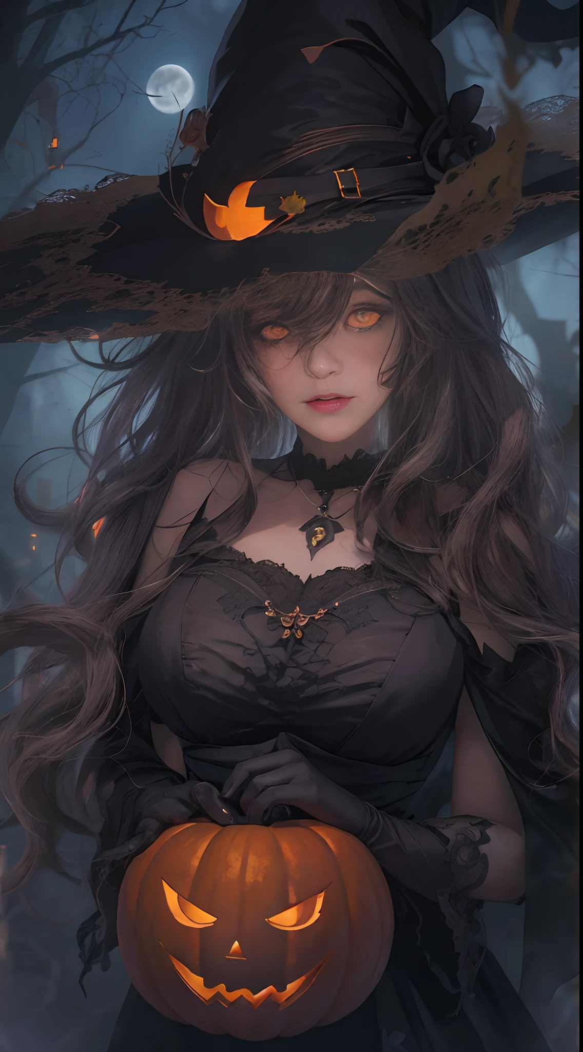 Witch, black hair, green eyes, ultrarealistic, high details, full body, scary, gorgeous, big breast --auto --s2
