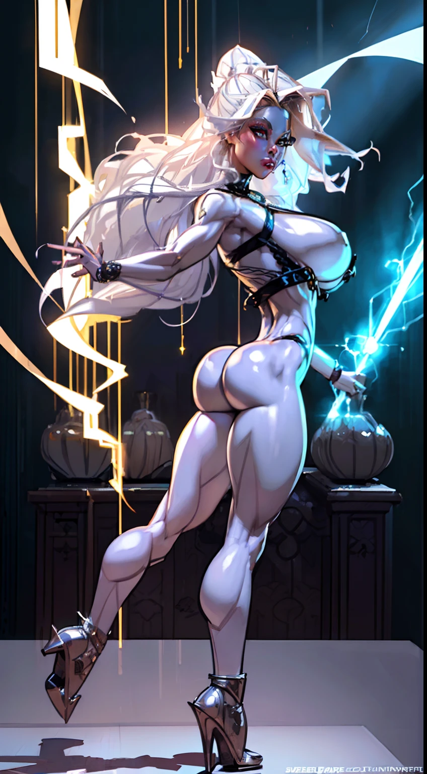 8k full body view 1woman, ((woman has no face, ((body made of glowing energy:1.4)) (no face:1.5), silver skin, (silver skin:1.5), (big hair woman:1.4), ((super saiyan 3 hair:1.4)) ((stands confident)), ((front view)), highly detailed, ((large ass:1.2)), ((gigantic breasts:1.1)), majestic, (((electrical energy))),digital photography, art by artgerm and ruan jia and greg rutkowski, light chest hair, (masterpiece, sidelighting, intricate details