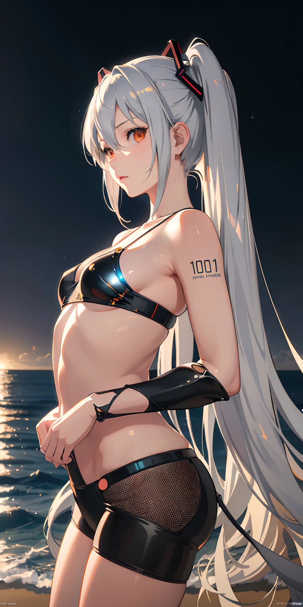 Absurdres masterpiece HDR high quality picture of realistic, 1girl, silver hair, orange eyes, hatsune miku, bikini, beach, light particles, light rays, wallpaper,