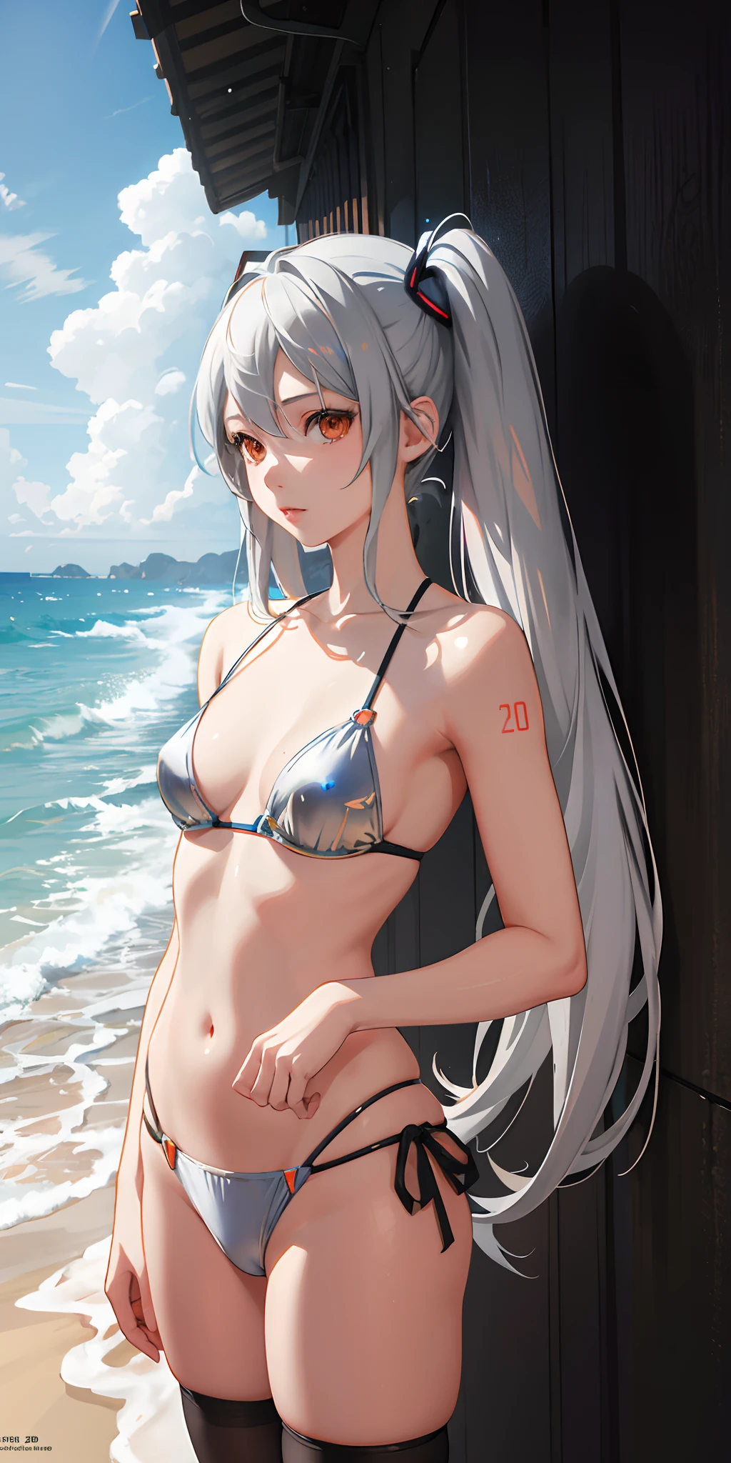 Absurdres masterpiece HDR high quality picture of realistic, 1girl, silver hair, orange eyes, hatsune miku, bikini, beach, light particles, light rays, wallpaper,