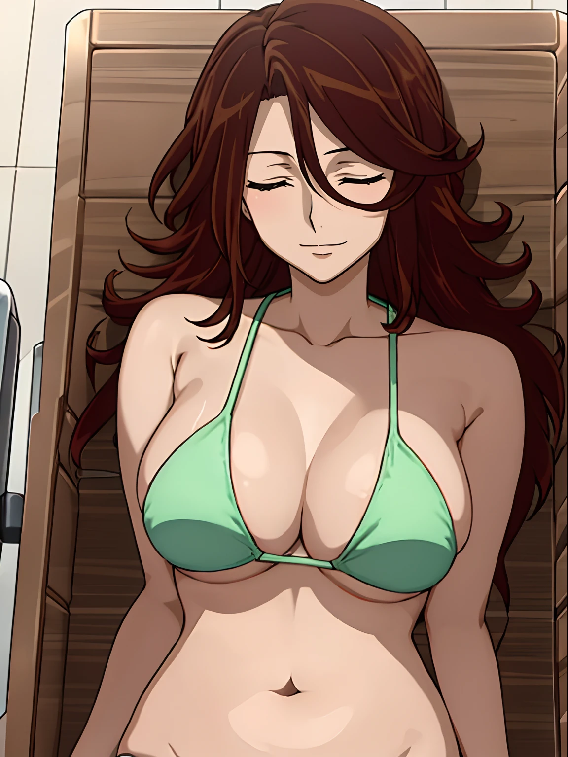 Elegant lady,  anime style: 1.8, anime drawing, ultra detailed face, ultra detailed body, 4k, Sumergai Lee Noriega, ((sleeping down on medical stretcher, lying down on medical stretcher), closed eyes), best quality, anime style, hires, highest definition, digital blending, bold drawing lines, (location: beach, sunbathing), ( slim body, (little biceps), , off-shoulders, closed fists, (curvy: 2.8)), ((broken bikini,  (chaps))), victorious, winner, gentle, (pale skin, shiny skin, very big breasts, smile), (big eyes, brown eyes), (brown hair, loose hair), 27 years old,