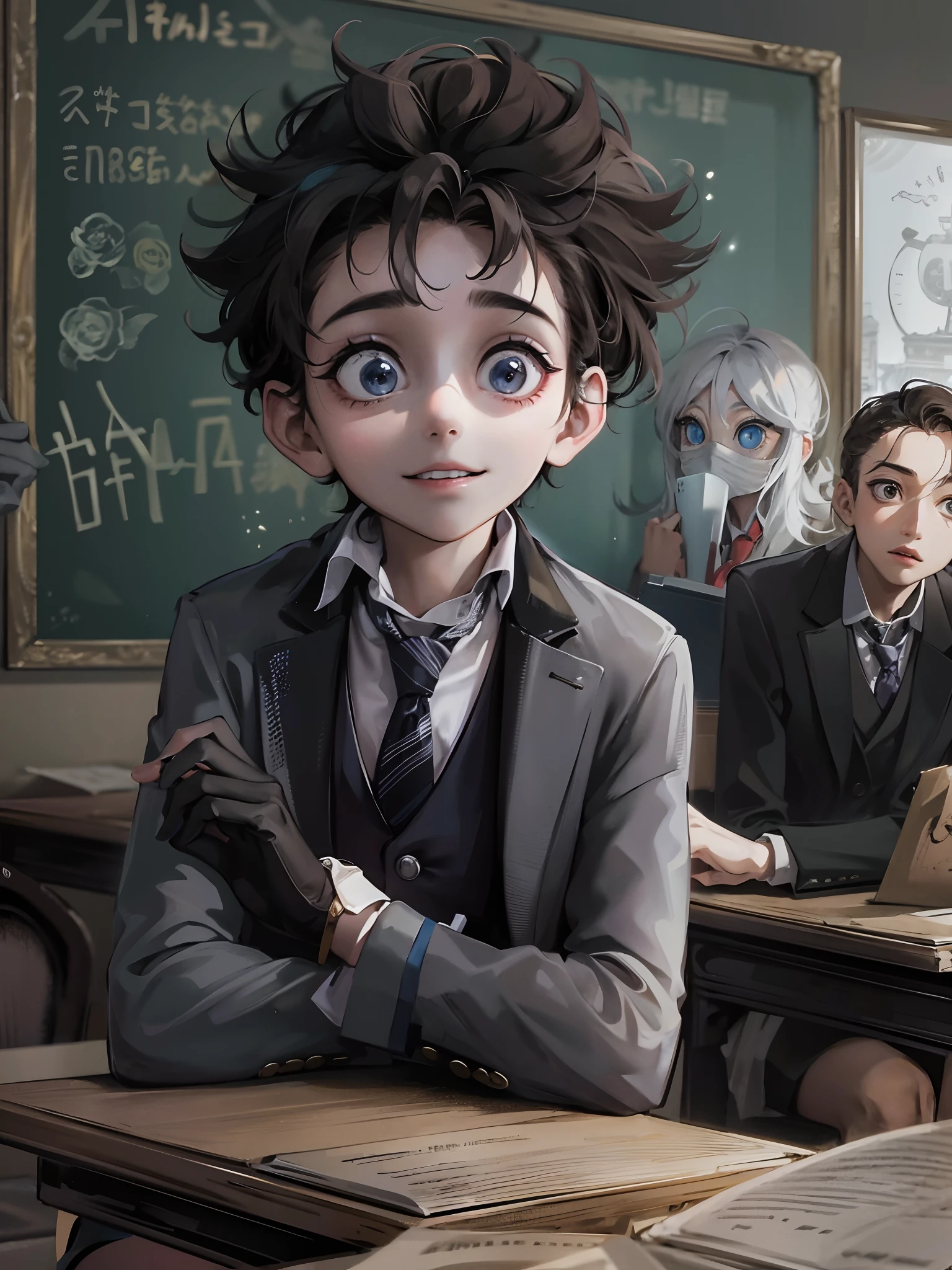 Tim Burton theme showing a Young male teacher, Dress neatly, Professional clothing, Well organized impression, youthfulenergy, Smooth skin, Bright eyes, Gentle and confident expression, Straight waist, Tall and confident, An air of tenacity and determination, Determined gaze, ssmile, Passion and dedication,Chalk in your hand,blackboards,A group of students sat under the classroom podium,tmasterpiece,Best quality at best,4K,8K,high qulity,A high resolution