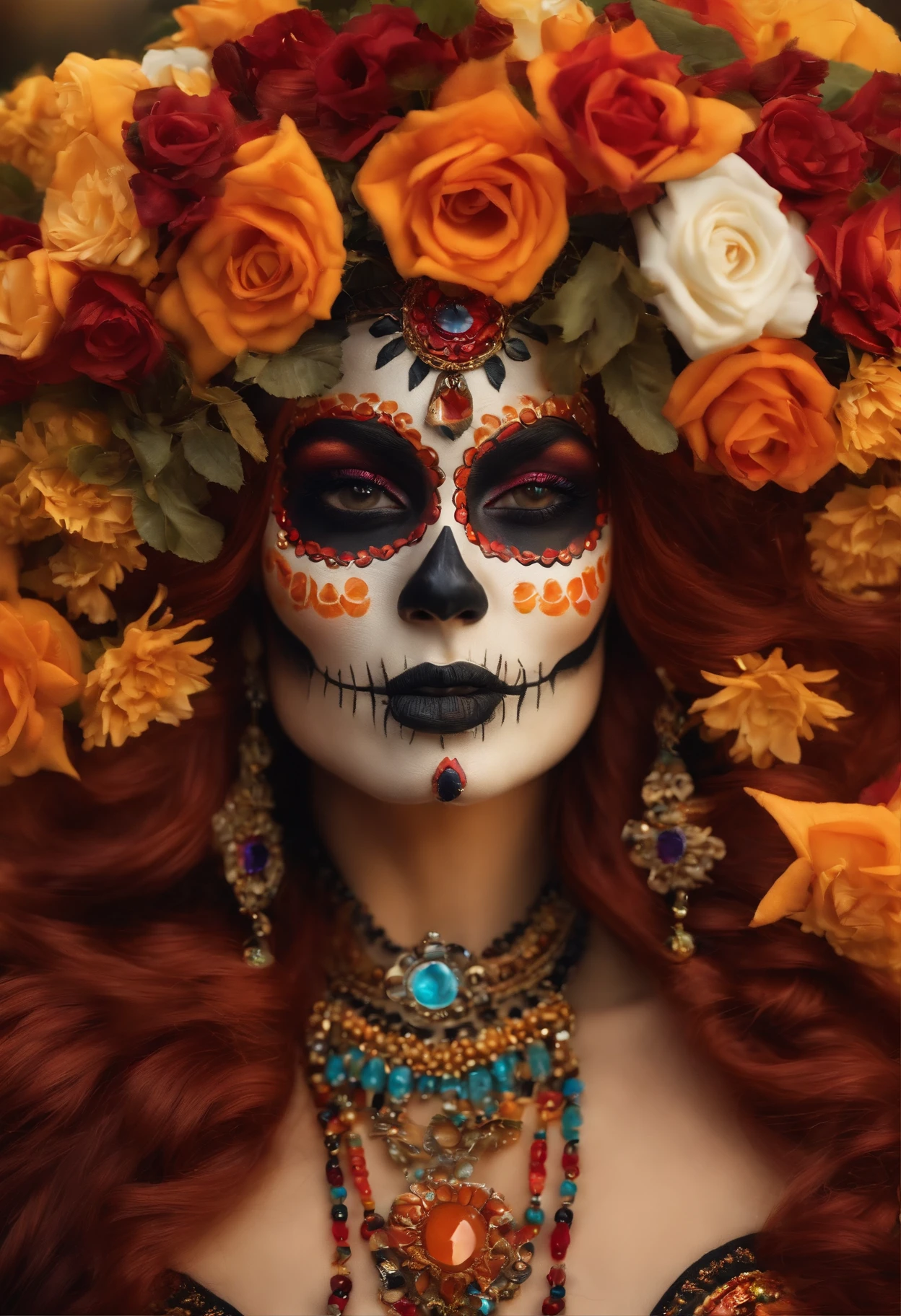 hermosos ojos detallados,hermosos labios detallados,cabello negro rizado (colores vibrantes:1.1),(vestido con estampado floral:0.9),(Mexican-themed accessories:0.9),flores coloridas en el cabello,elaborado maquillaje de Catrina,pintura facial tradicional de Calavera,Skeletal facial features,Sadistic expression,tocado adornado con flores de muerto brillantes en el fondo,Traditional festive atmosphere, Halloween, Day of the Dead,Escena alegre y vibrante,Medio:Oils and acrylics,(La mejor calidad,4k,8k,Altas Resoluciones,Obra maestra:1.2),Ultra detallado,(realista,fotorrealista,fotorrealista:1.37),Bright and warm color palette,Magical Lighting with Soft Illumination, Warm glow,HDR,foco nítido,physically based representation,extreme detail description,profesional