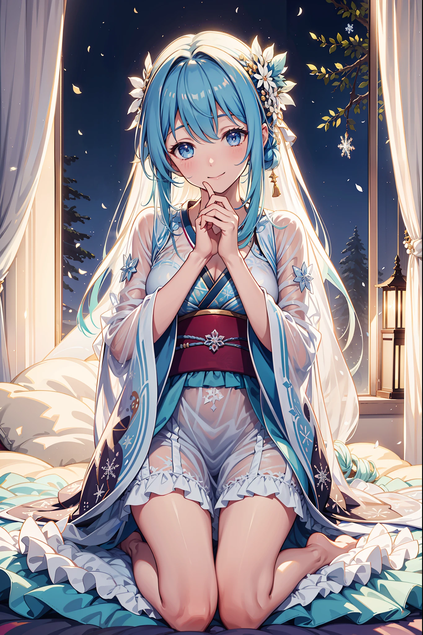 solo person，the night，inside in room，smiling expression，is shy，teens girl，See-through Pajamas，see-through sleeves，Enchanted，Petal edges，adolable，Light colors，gentleness，Snowflake decoration，extremely detailed CG  8k wallpaper，best qualtiy，tmasterpiece，A high resolution，（japanses clothes：1.2）