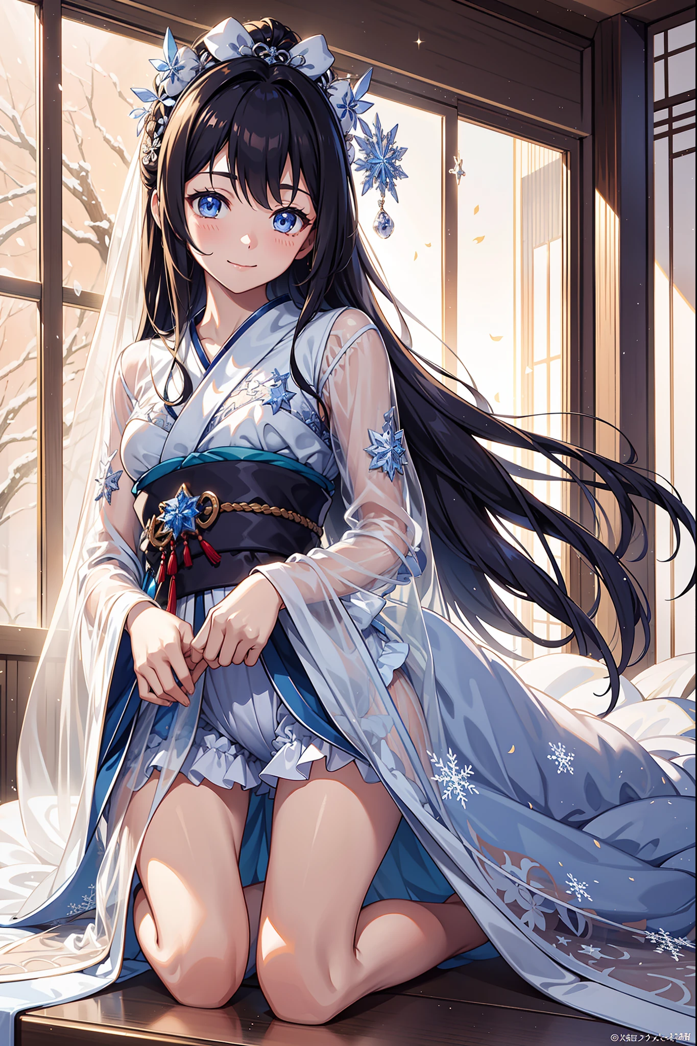 solo person，the night，inside in room，smiling expression，is shy，teens girl，See-through Pajamas，see-through sleeves，Enchanted，Petal edges，adolable，Light colors，gentleness，Snowflake decoration，extremely detailed CG  8k wallpaper，best qualtiy，tmasterpiece，A high resolution，（japanses clothes：1.2）