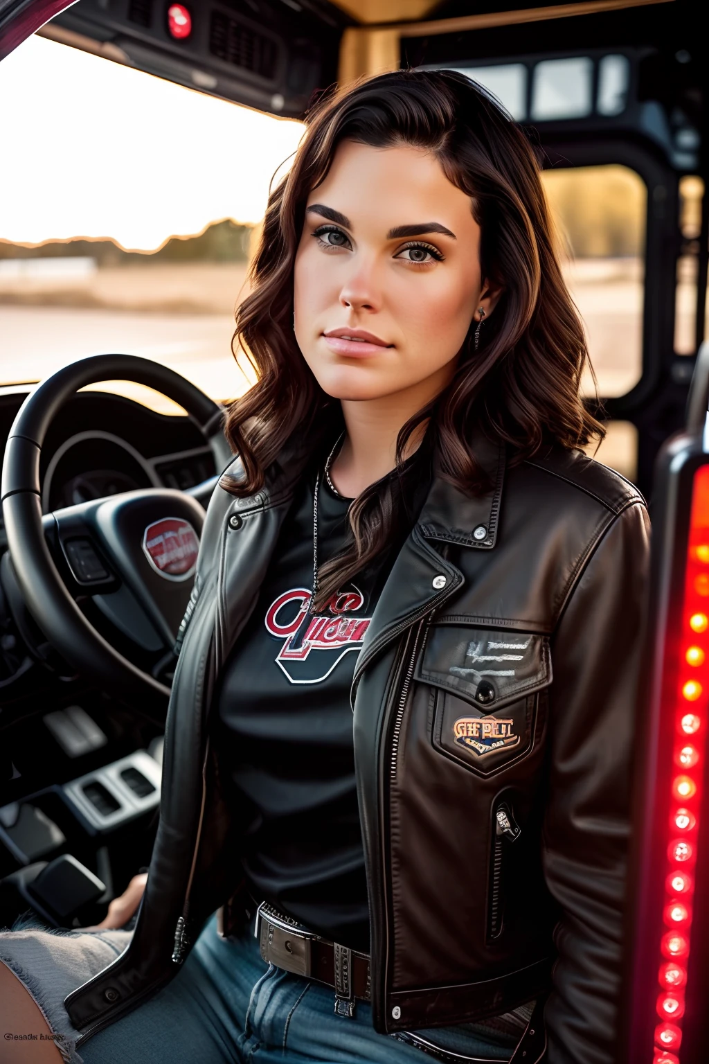 photo of j3nn1f3r, as a truck girl, driving a peterbilt truck, sit behind wheel of peterbilt truck, georgia fowler, beautiful face, with short dark brown hair, inside peterbilt truck, She is wearing a leather jacket, black jeans, dramatic lighting