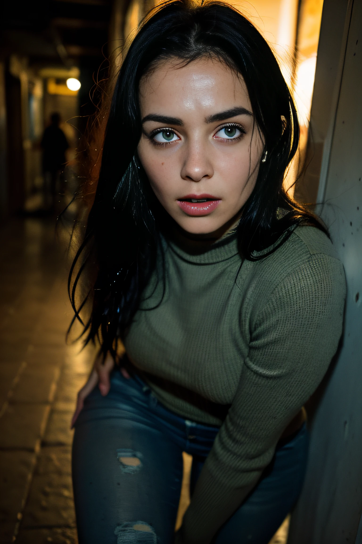 woman in ripped jeans, sinking in slime, standing, slimy texture, detailed facial expression, flowing hair, intense struggle, dim lighting, high contrast, close-up shots, grimy atmosphere, gritty urban setting, urban decay, abstract artwork, vibrant colors, surrealistic style, slimy green tones. (best quality, highres), dramatic lighting, thick slime, distressing atmosphere.