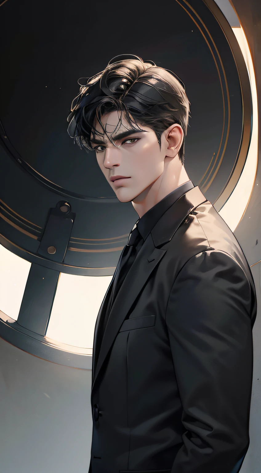 (best quality, masterpiece, 8K, photorealistic, cinematic lighting, hdr image, ultra detailed, beautiful image), 1 man, mature, very handsome, serious expression, short black hair, black eyes, arranging suit