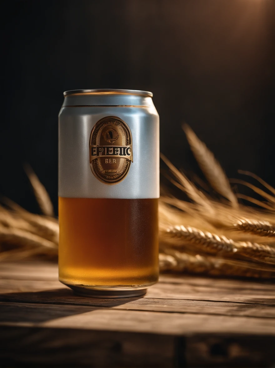a can of beer, on a wooden surface, with lush and wonderful wheat, realistic photo, epic composition, advertising scene, with 3 points of light, photographed with PhaseOne IQ180, with 24mm lens, hero shot, color granding cinematic