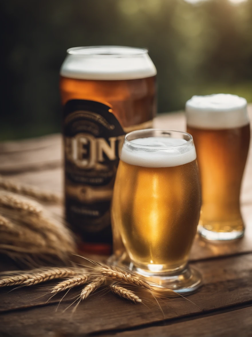 a can of beer, on a wooden surface, with lush and wonderful wheat, realistic photo, epic composition, advertising scene, with 3 points of light, photographed with PhaseOne IQ180, with 24mm lens, hero shot, color granding cinematic