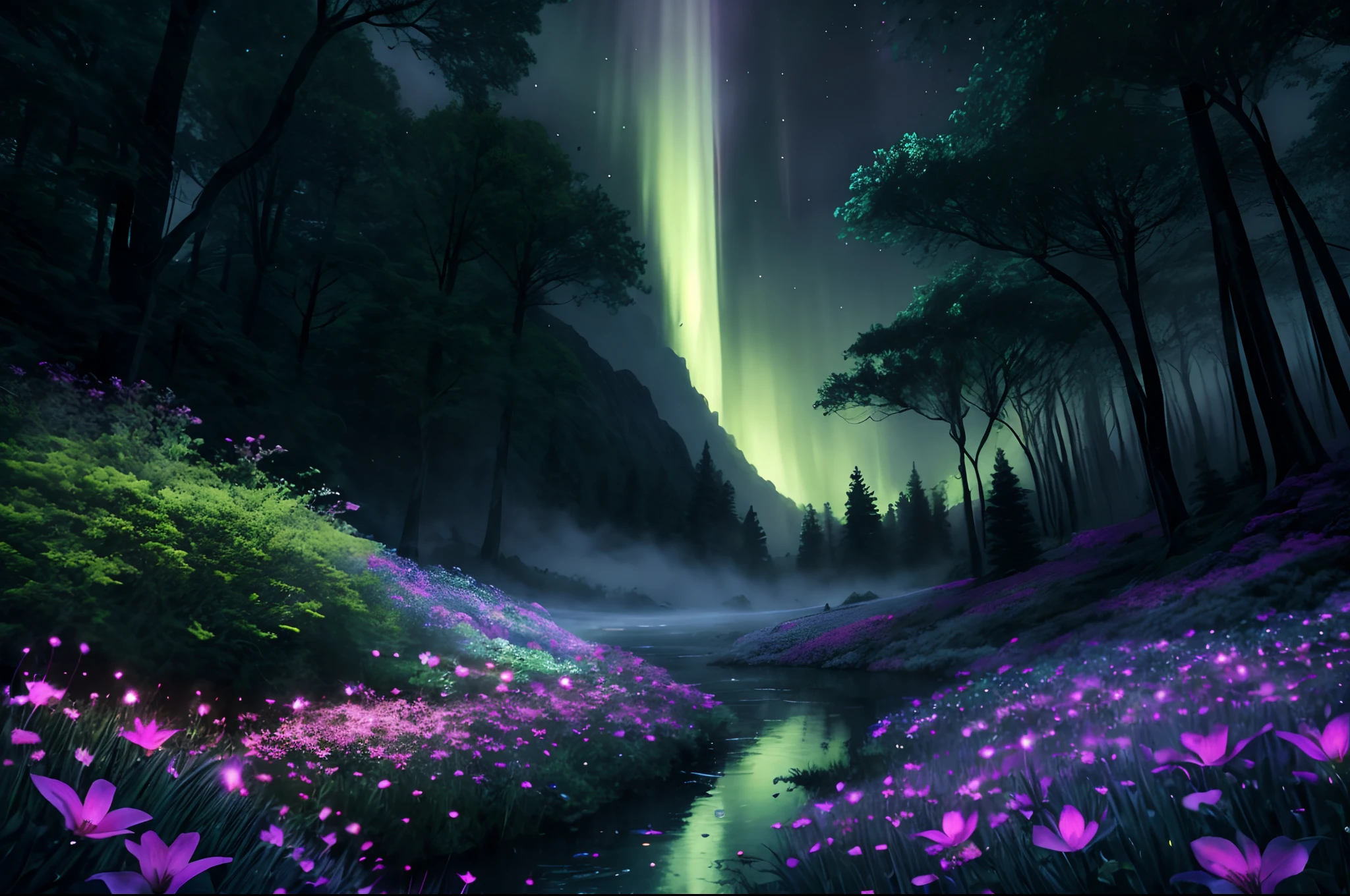 dense fog, glowing flowers.
"(best quality,8k,highres,masterpiece:1.2),cg,scenery,night,sky,clouds,no man,lush forest,beautiful waterfall,rainbow,fantasy image,firefly,moonlight,aurora,tree,black snake on tree,dense fog,glowing flowers"