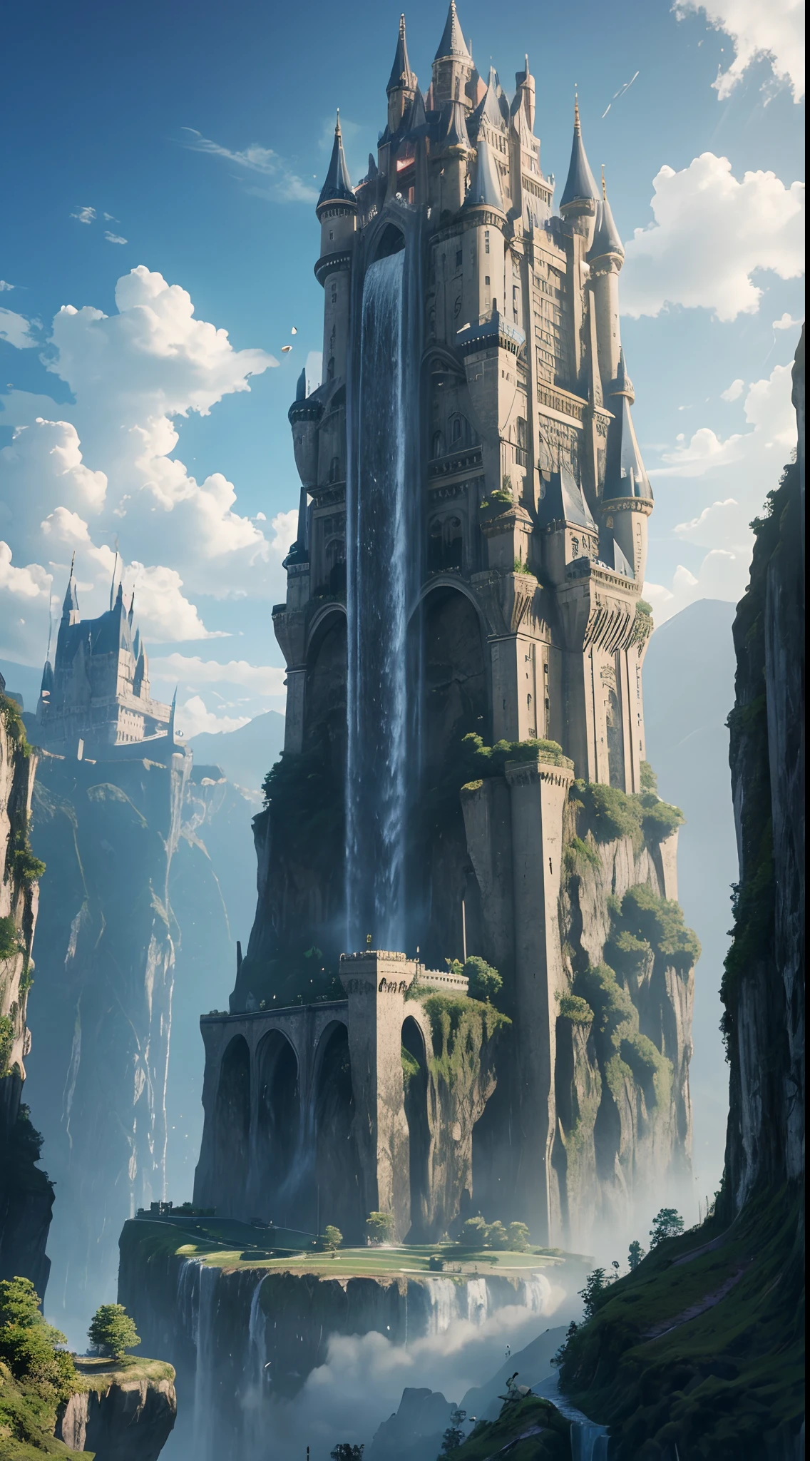 Huge castles and skyscrapers floating in the sky Cyberpunk Isekai Fantasy Top Quality Ultra High Definition Utopia 8K Giant Waterfall Mother Nature
