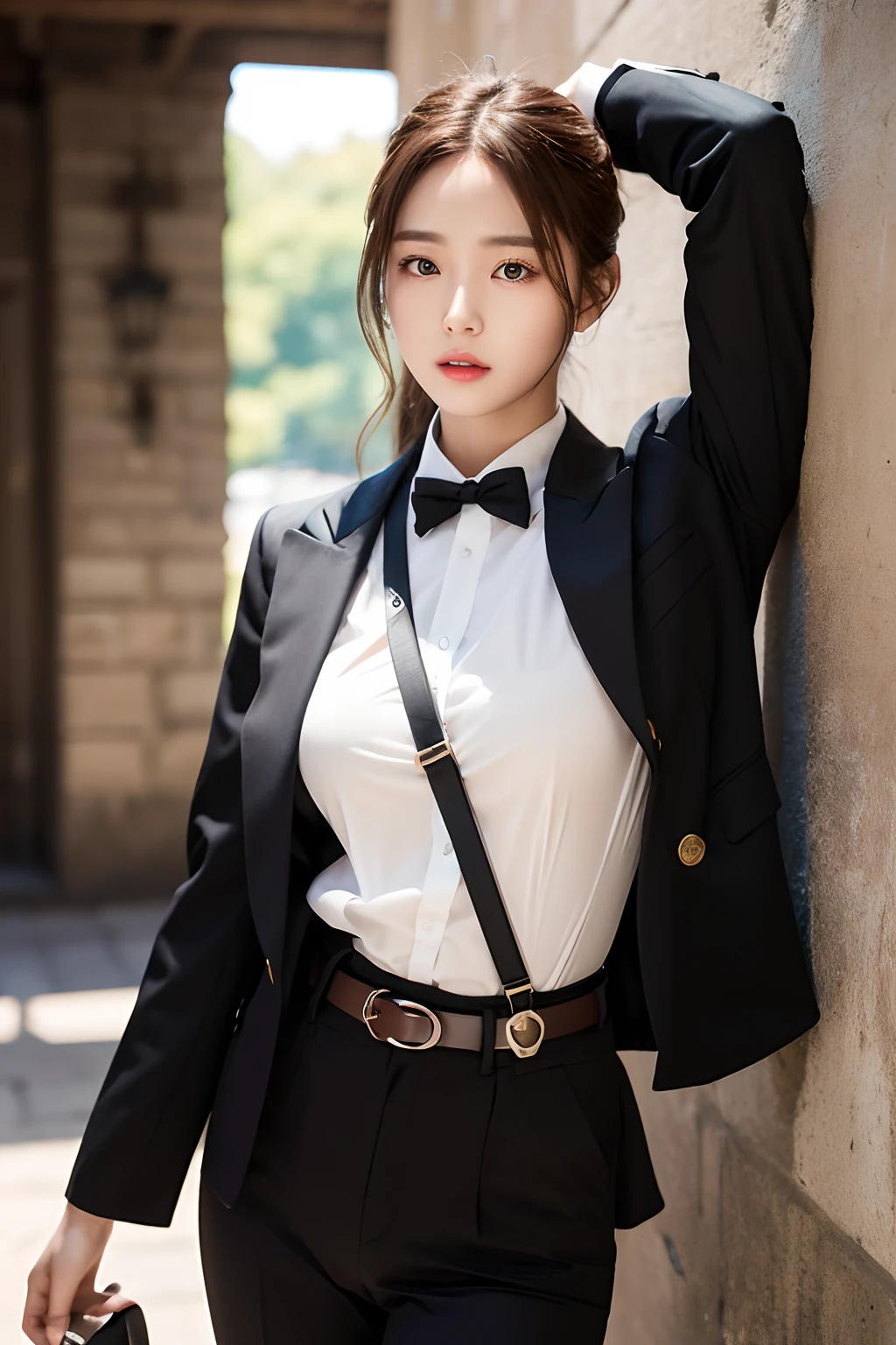 ​masterpiece、flat-colors、depth of fields、lens flare 1 girl、、Brown hair、watching at viewers　　　　a belt　black suspenders　Social OL　　　ample bosom　　　 　 Armpit sweat　perspiring　Side of both hands　　walls: Black Suit　Black pants, Black jacket