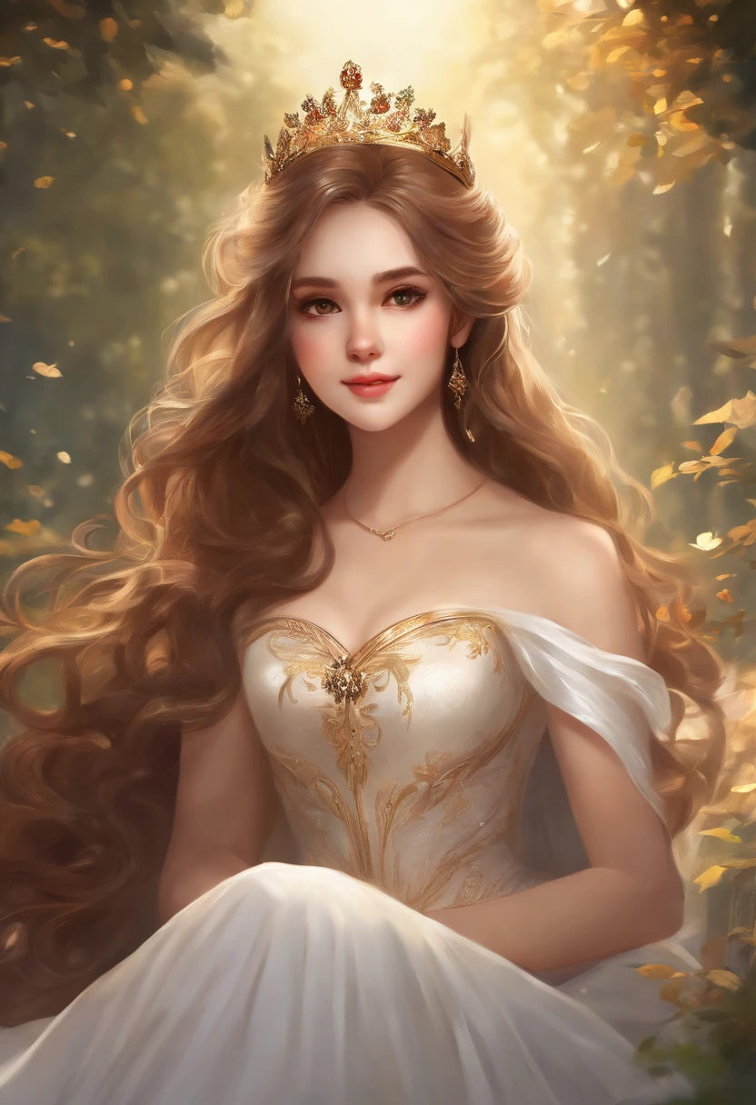 masterpiece, best quality, 1girl, solo, ((mature female)), round pupils, long hair, hair, princess, white gold dress, fantasy, happy, looking at viewer, cartoon, anime, brown hair, (oil painting)