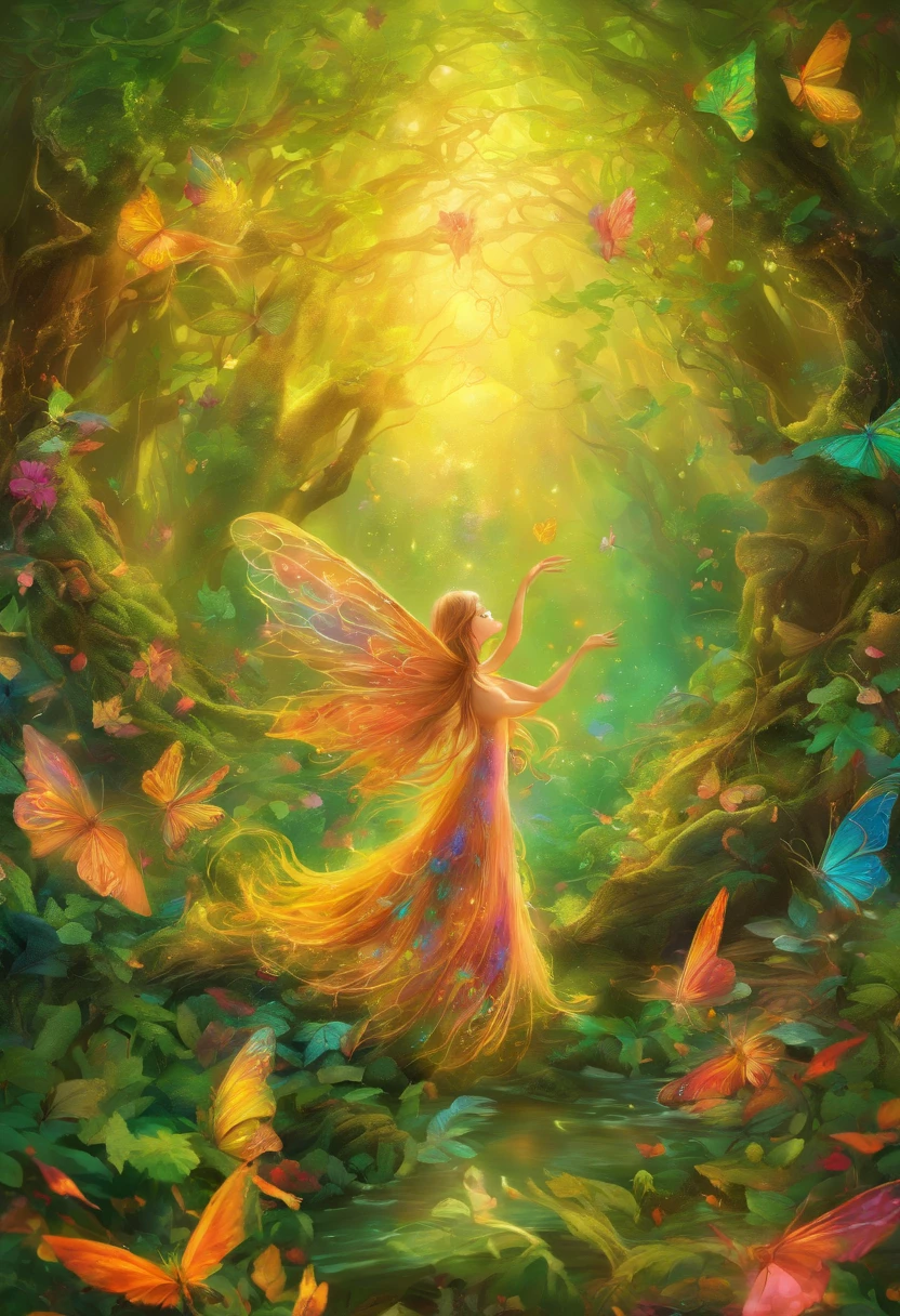 (best quality,4k,8k,highres,masterpiece:1.2),ultra-detailed,(realistic,photorealistic,photo-realistic:1.37),forest nymph elemental with glowing wings, made of leaves and nature,ethereal glow,pure,sublime,greenery,dreamy environment,magical enchantment,delicate and intricate leaf patterns,harmonious blending with surroundings,reflections of sunlight on wings,glimmering and radiant glow in the dark,serene and graceful posture,summoning the powers of nature,tiny sparkling dewdrops on wings,soft and gentle color palette,air of mystery and enchantment,subtle hints of magic in the air,whispering winds and rustling leaves,connection with trees and plants,strong connection with the forest,overflowing with natural energy,pristine beauty and innocence,evokes a sense of wonder and awe,graceful and fluid movement,natural and organic aesthetics,celestial and ethereal presence,rays of sunlight filtering through the forest canopy,fairy-like features,wise and ancient aura,enchanted and untamed forest realm,magic in every step and flutter,delicate and ephemeral,illuminating the darkest corners of the forest,close bond with animals and creatures of the forest,peaceful and tranquil atmosphere,deep sense of harmony between nature and the nymph,whispering secrets of the forest,each leaf intricately designed and vibrant with life,overwhelming sense of tranquility and serenity,sprightly and playful spirit.