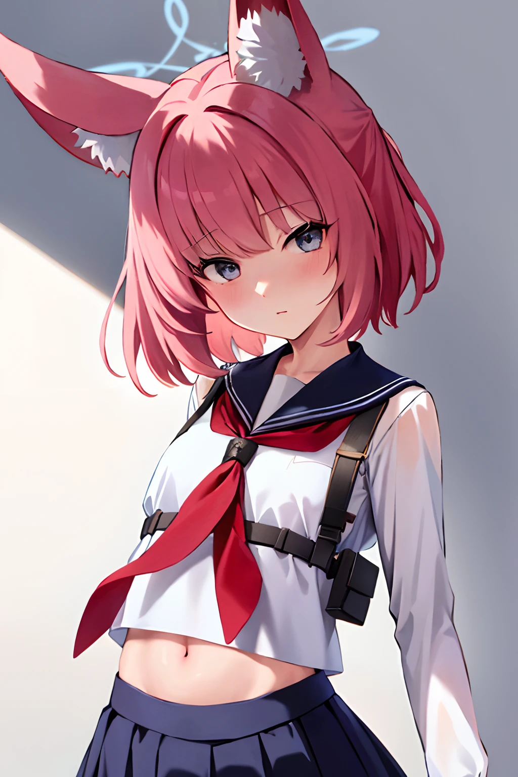 illustratio、film like、Indirect light、light and shadows、nico, 1girl in, 独奏,shorth hair, blue eyess, simple background, animal ear, red necktie、校服, A pink-haired, Black pantyhose, fox ear, The halo, Armbands, holster, 、Perfect Lighting, extremely details CG, (Perfect hands, Perfect Anatomy),masterpiece、sailor、Navel Ejection、Dark blue skirt,Facial concentration、Upper body concentration