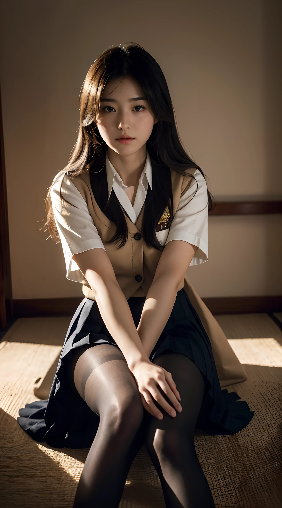 ulzang-6500-v1.1, (RAW photo:1.2), (Photorealistic:1.4), Beautiful detailed girl, Very detailed eyes and face, Beautiful detailed eyes, ridiculous, Incredibly Ridiculous res, hugefilesize, Super detailed, high resolution, Very detailed, Best quality, Masterpiece, kemomimi, ((Japanes girl' high school uniform)), illustration, Very detailed, CG, unified, 8K wallpaper, Amazing, Fine details, Masterpiece, Best quality, Very detailed CG uniform 8k wallpaper, light in face, Cinematic lighting, 1girll, 16 years old, (()), ((Dynamic pose))), (camel-toe), (Half), (Pantyhose), (knee-bending leg sit))