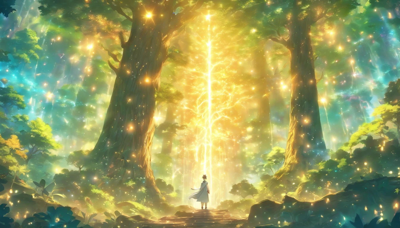 A woman standing in the middle of a forest with a light shining through ...