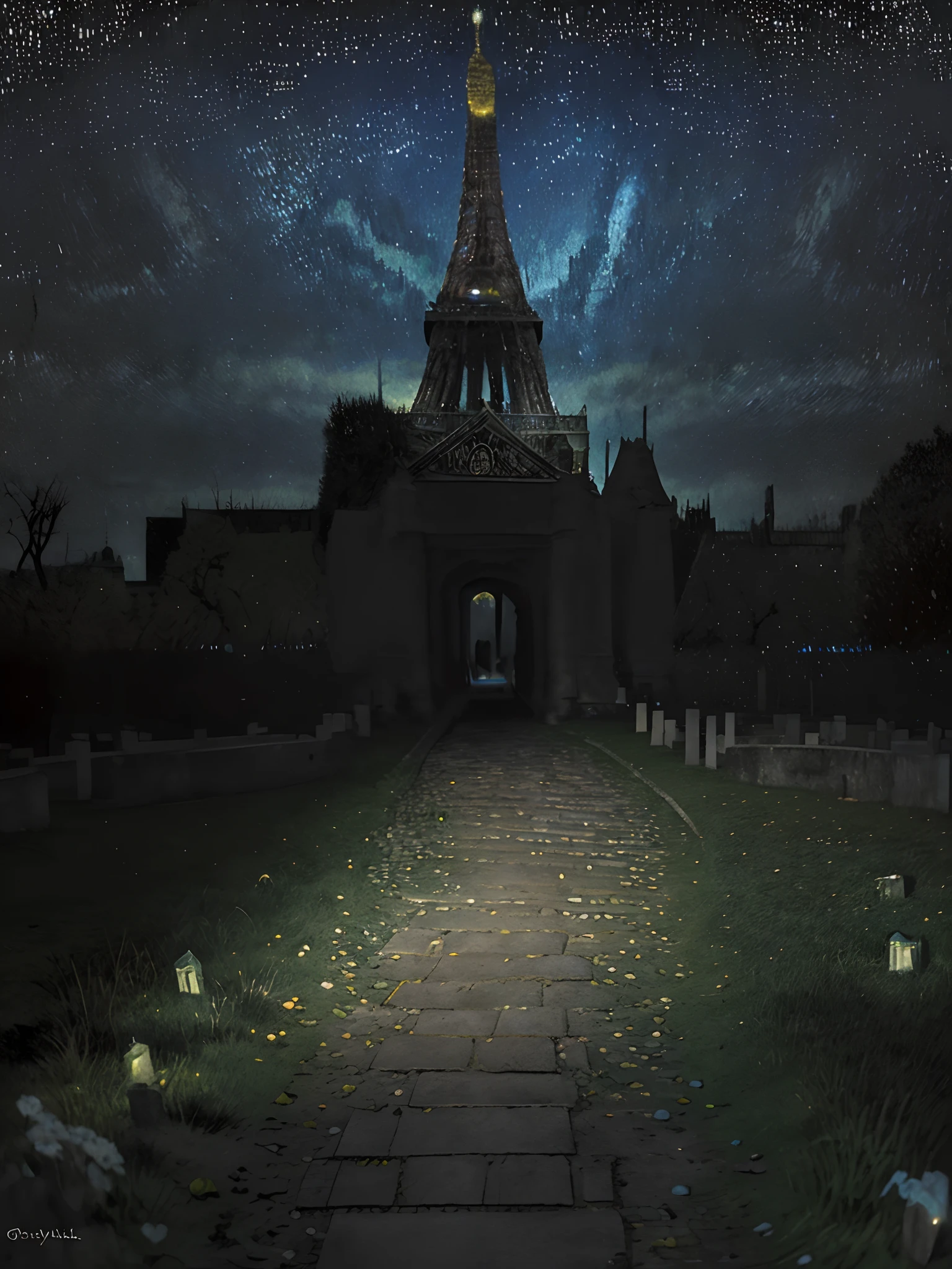 a path along scary crypts in a Parisian cemetery on a breezy night, in the style of an oil painting by vincent van gogh's starry night, highly detailed