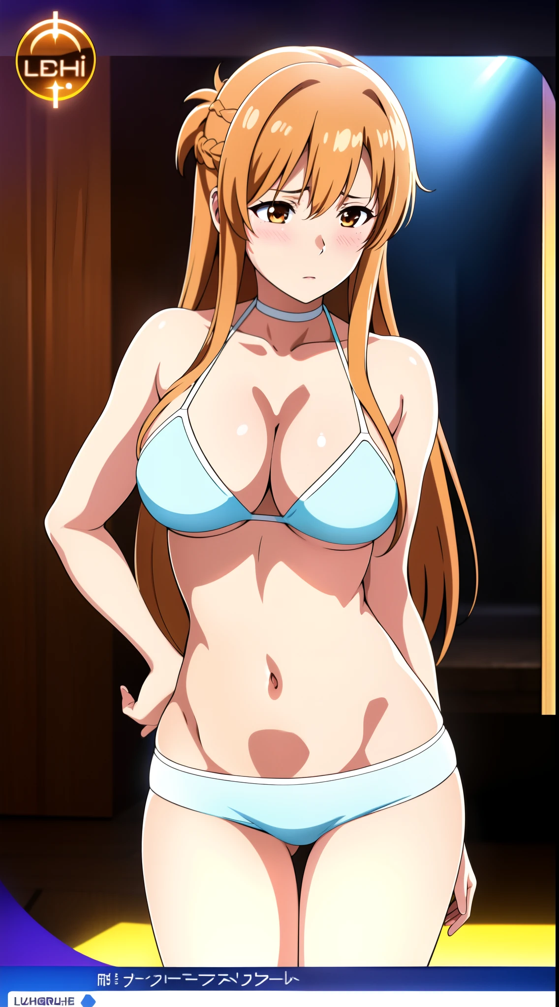 (best quality:1.5, highres, UHD, 4K, detailed lighting, shaders), asuna yuuki, light brown long hair, busty, bikini, standing, pov, close shot, upper body, club background, blushing:1.2