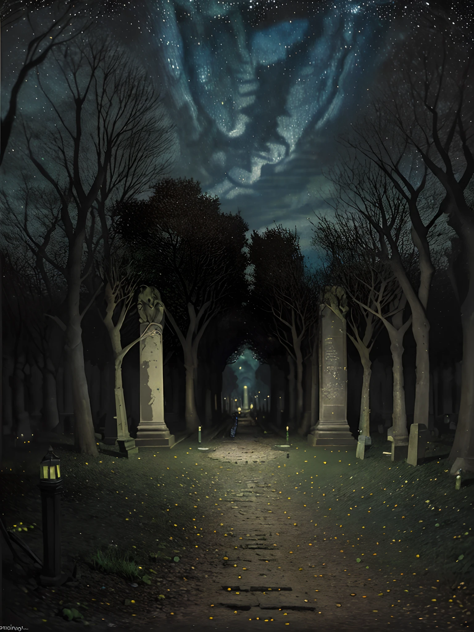 a path along scary crypts in a Parisian cemetery on a breezy night, in the style of an oil painting by vincent van gogh's starry night, highly detailed