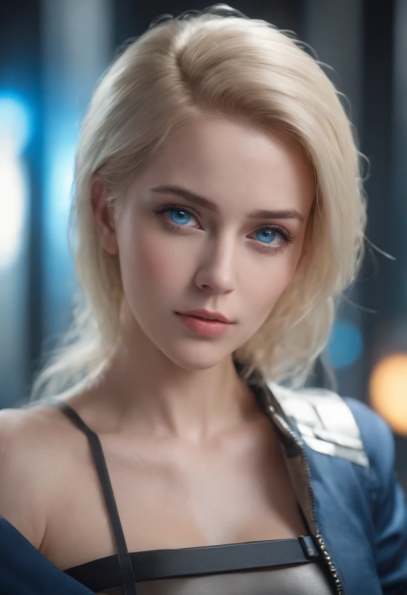 woman, Realistic character，coiffed blonde hair, Blue eyes, anime big breast, Alone, modern, Cyberpunk