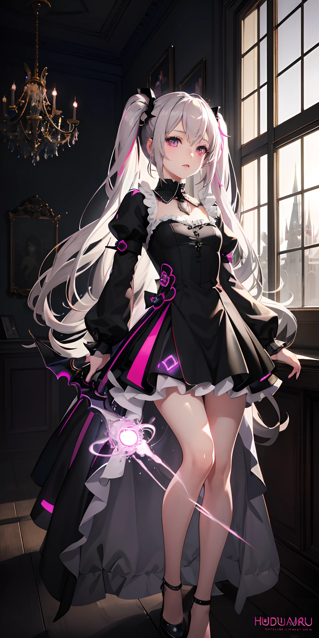 Absurdres masterpiece HDR high quality picture of realistic, 1girl, dark grey hair, pink eyes, hatsune miku, evil queen, castle, light particles, light rays from window, wallpaper,