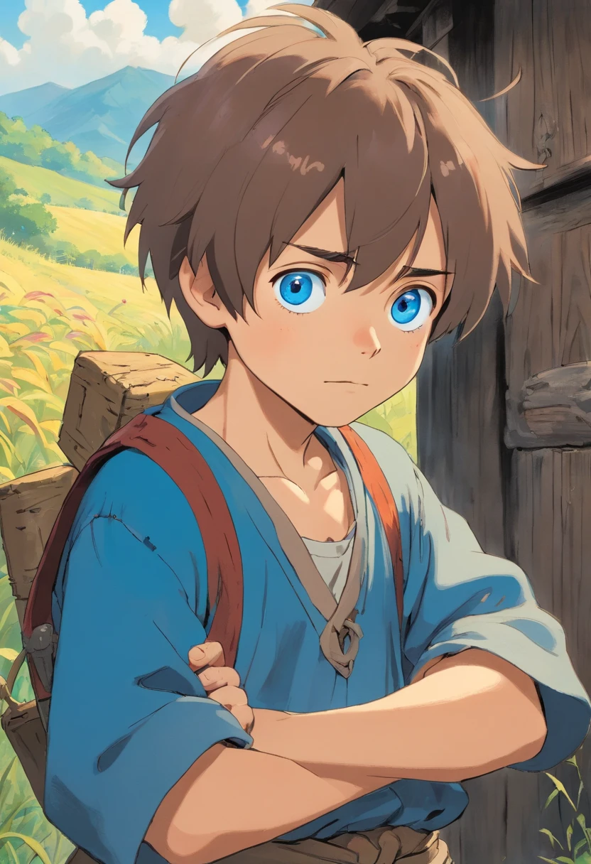 seven year old boy in ratty peasant clothes, dirty looking but with the brightest blue eyes