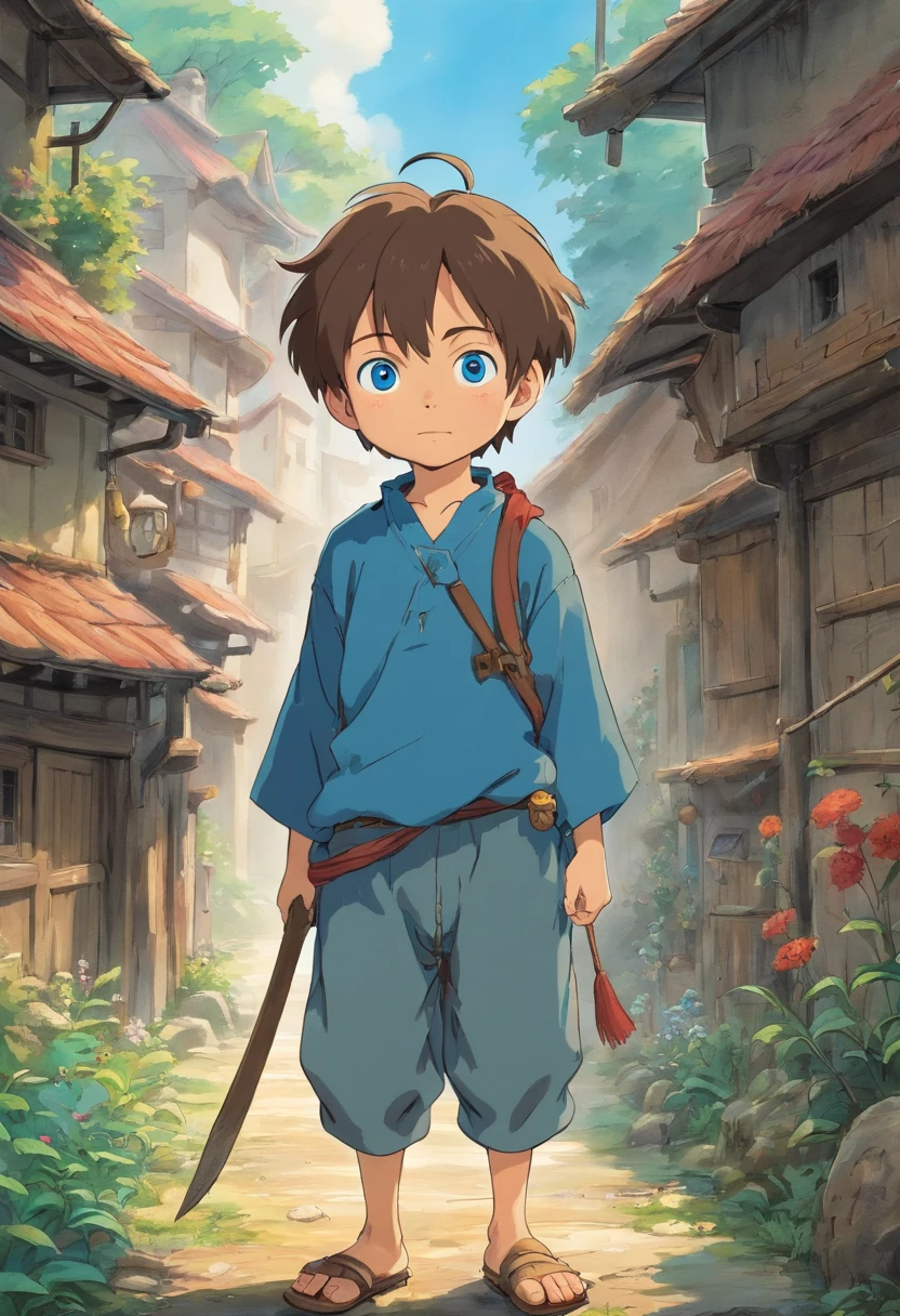seven year old boy in ratty peasant clothes, dirty looking but with the brightest blue eyes