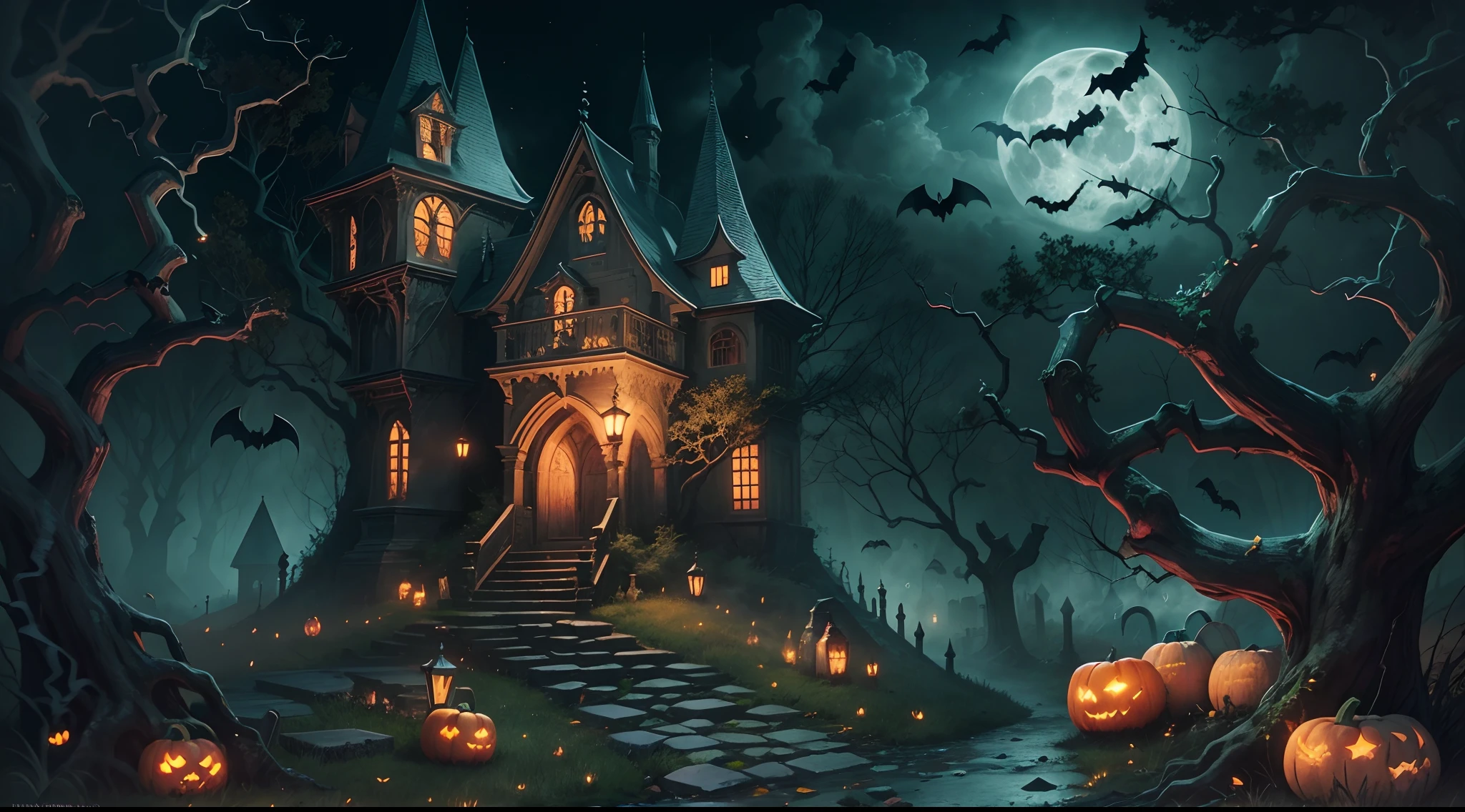 (the bats:1.1),Dark and mysterious,Haunted atmosphere,(Pumpkin cart:1.1),an enchanted forest,Ethereal mist,Vivid colors,Witchcraft symbols,Starry night,[(Gothic:1.1),(Beautiful witch in a flowing dress)],Whispering tree,The full moon passes through the clouds,(Dimly lit castle),Old stone building,A lonely path leading to the entrance to the castle,(black cats:1.2),Crumbling tombstones,Remote location,mystical aura,Bats fly overhead,Twisted branches,enchanting atmosphere.