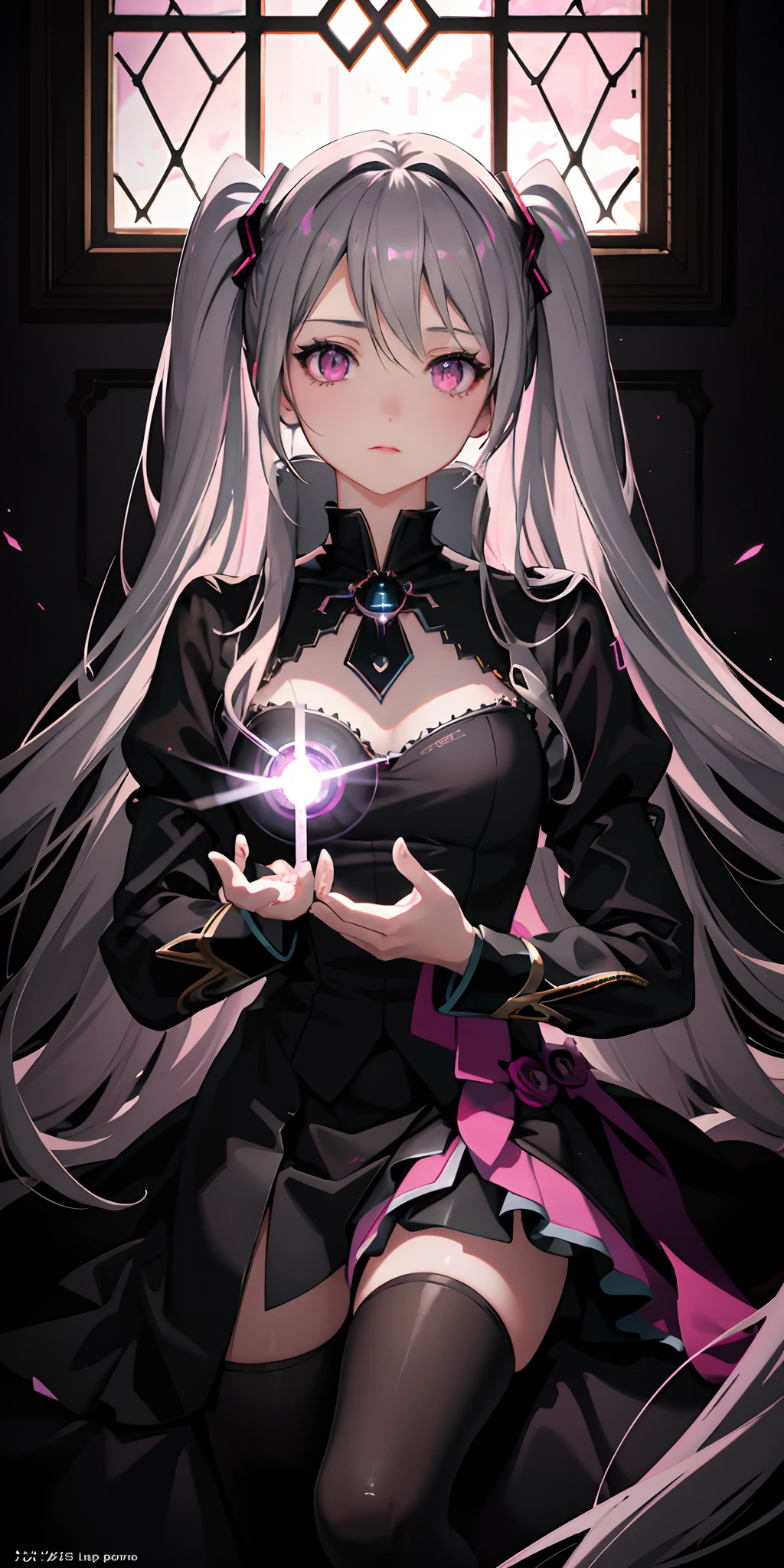 Absurdres masterpiece HDR high quality picture of realistic, 1girl, dark grey hair, pink eyes, hatsune miku, evil queen, castle, light particles, light rays from window, wallpaper,