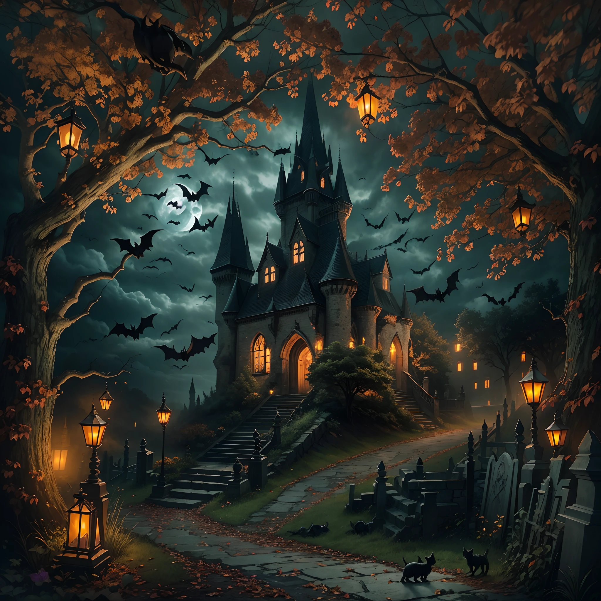 (the bats:1.1),Dark and mysterious,Haunted atmosphere,(Pumpkin cart:1.1),an enchanted forest,Ethereal mist,Vivid colors,Witchcraft symbols,Starry night,[(Gothic:1.1),(Beautiful witch in a flowing dress)],Whispering tree,The full moon passes through the clouds,(Dimly lit castle),Old stone building,A lonely path leading to the entrance to the castle,(black cats:1.2),Crumbling tombstones,Remote location,mystical aura,Bats fly overhead,Twisted branches,enchanting atmosphere.