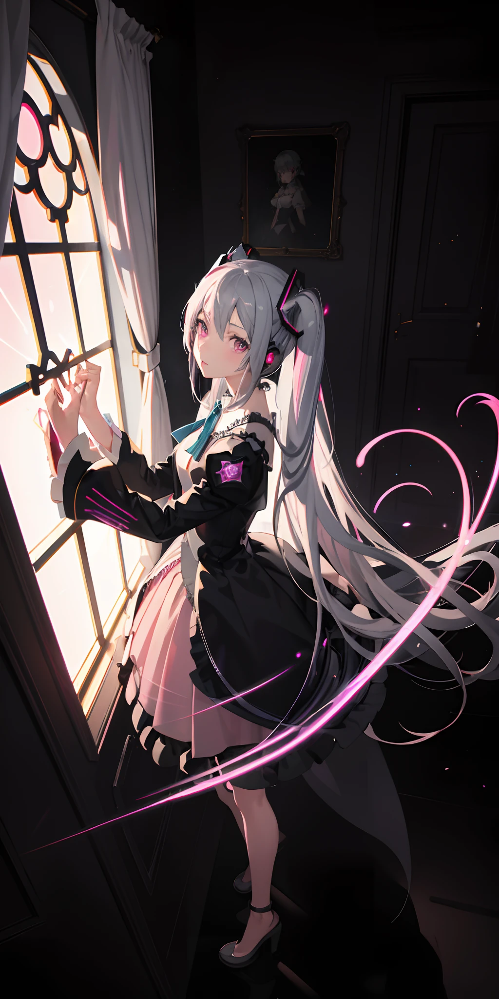 Absurdres masterpiece HDR high quality picture of realistic, 1girl, dark grey hair, pink eyes, hatsune miku, evil queen, castle, light particles, light rays from window, wallpaper,