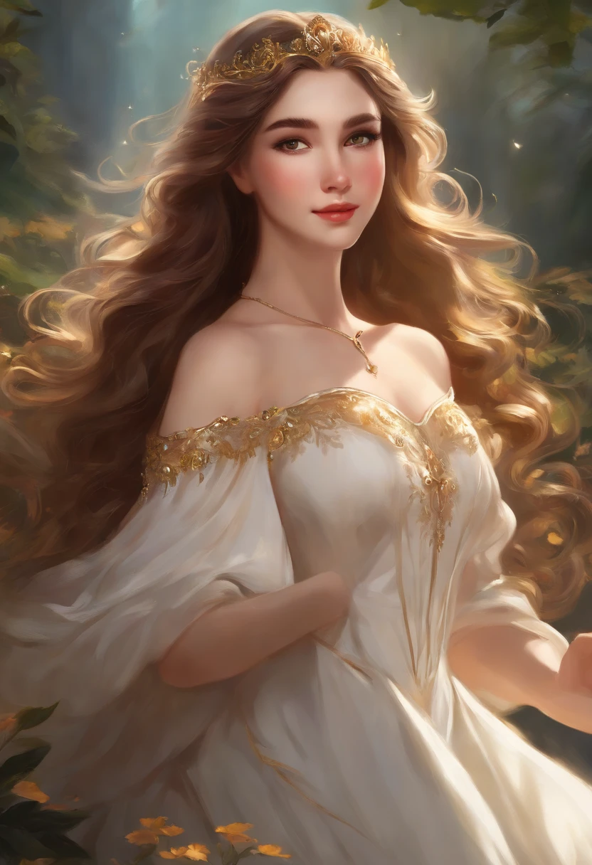 masterpiece, best quality, 1girl, solo, ((mature female)), round pupils, long hair, hair, princess, white gold dress, fantasy, happy, looking at viewer, cartoon, anime, brown hair, (oil painting)