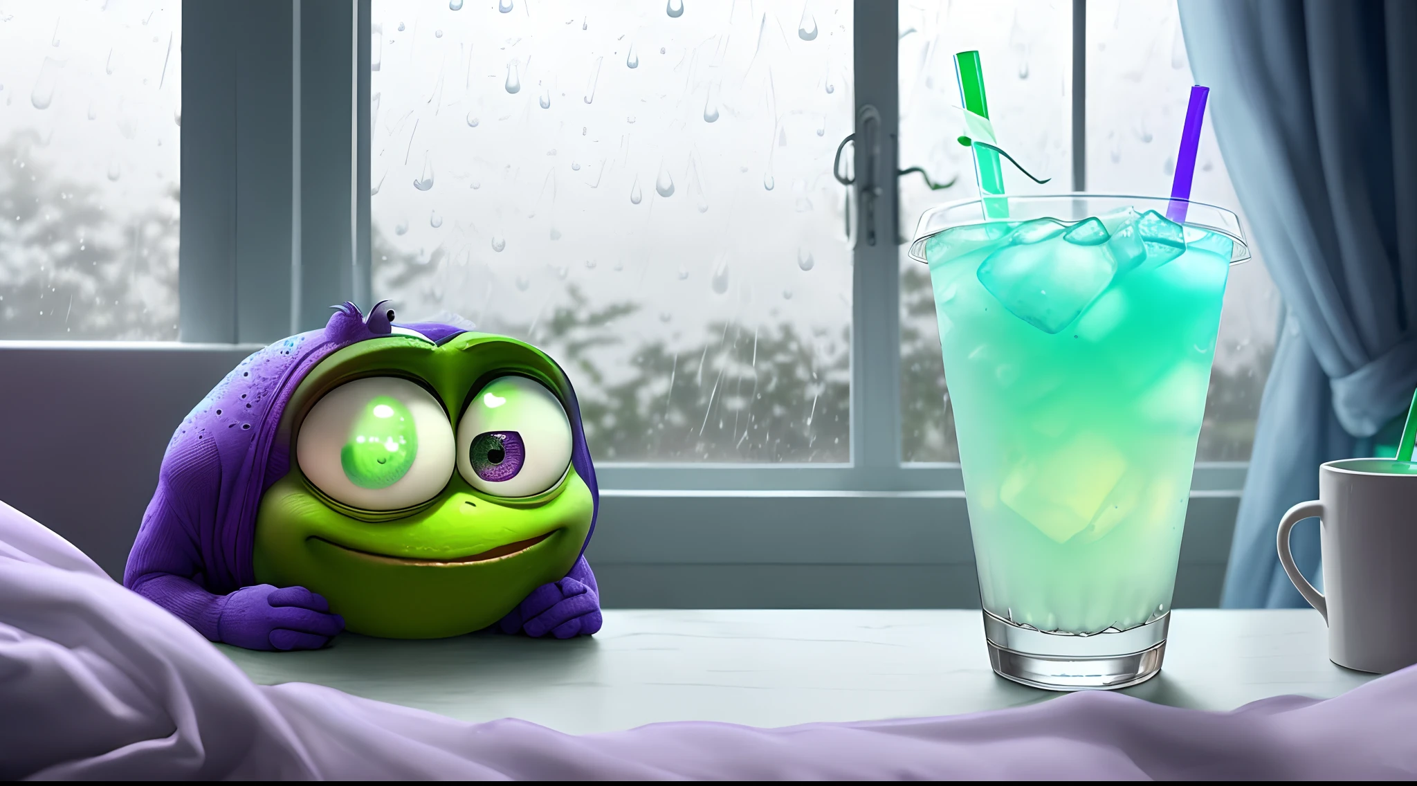 Hyper realsitic Mike wazowski sitting on his bed while it’s raining outside the window and he looks sad and he’s wearing glowing blue Jordan 4s and he’s holding a purple drink out of a white cup