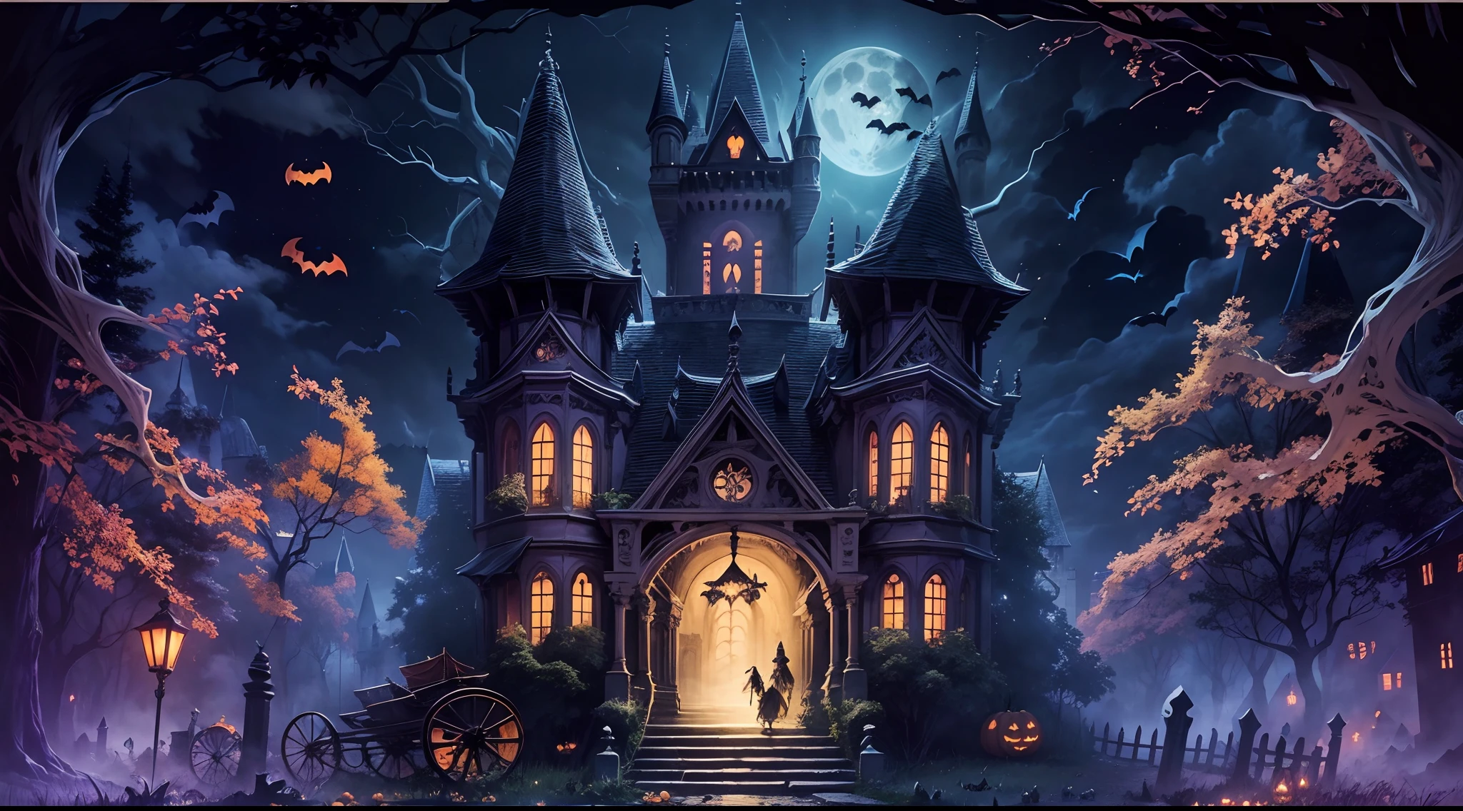 halloween,(the bats:1.1),Dark and mysterious,Haunted atmosphere,an enchanted forest,Ethereal mist,Vivid colors,Witchcraft symbols,Starry night,(Beautiful witch in a flowing dress),Whispering tree,The full moon passes through the clouds,(Dimly lit castle),Old stone building,(Pumpkin cart:1.3),A lonely path that leads to the entrance to the castle,(black cats:1.1),Crumbling tombstones,Remote location,mystical aura,Bats fly overhead,Twisted branches,Enchanting atmosphere.
