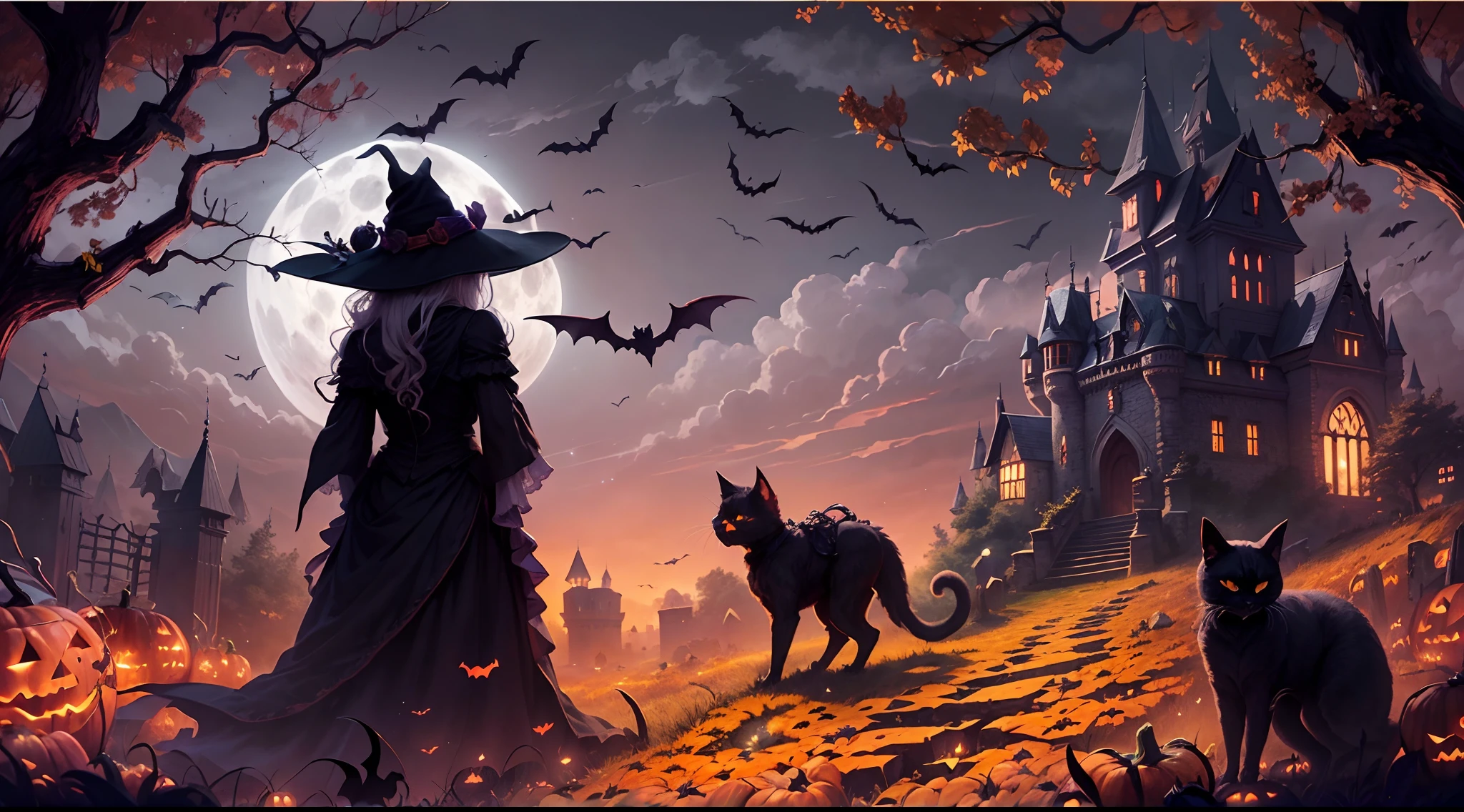 halloween,(the bats:1.1),Dark and mysterious,Haunted atmosphere,an enchanted forest,Ethereal mist,Vivid colors,Witchcraft symbols,Starry night,(Beautiful witch in a flowing dress),Whispering tree,The full moon passes through the clouds,(Dimly lit castle),Old stone building,(Pumpkin head:1.3),A lonely path that leads to the entrance to the castle,(black cats:1.1),Crumbling tombstones,Remote location,mystical aura,Bats fly overhead,Twisted branches,Enchanting atmosphere.