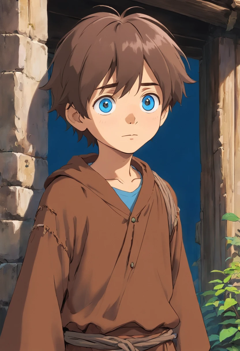  boy in ratty brown peasant clothes, dirty looking but with the brightest blue eyes