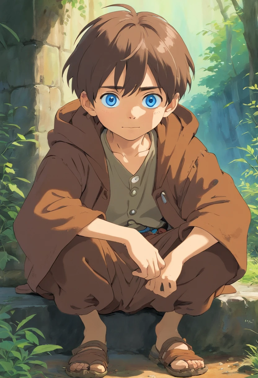 seven year old boy in ratty brown peasant clothes, dirty looking but with the brightest blue eyes
